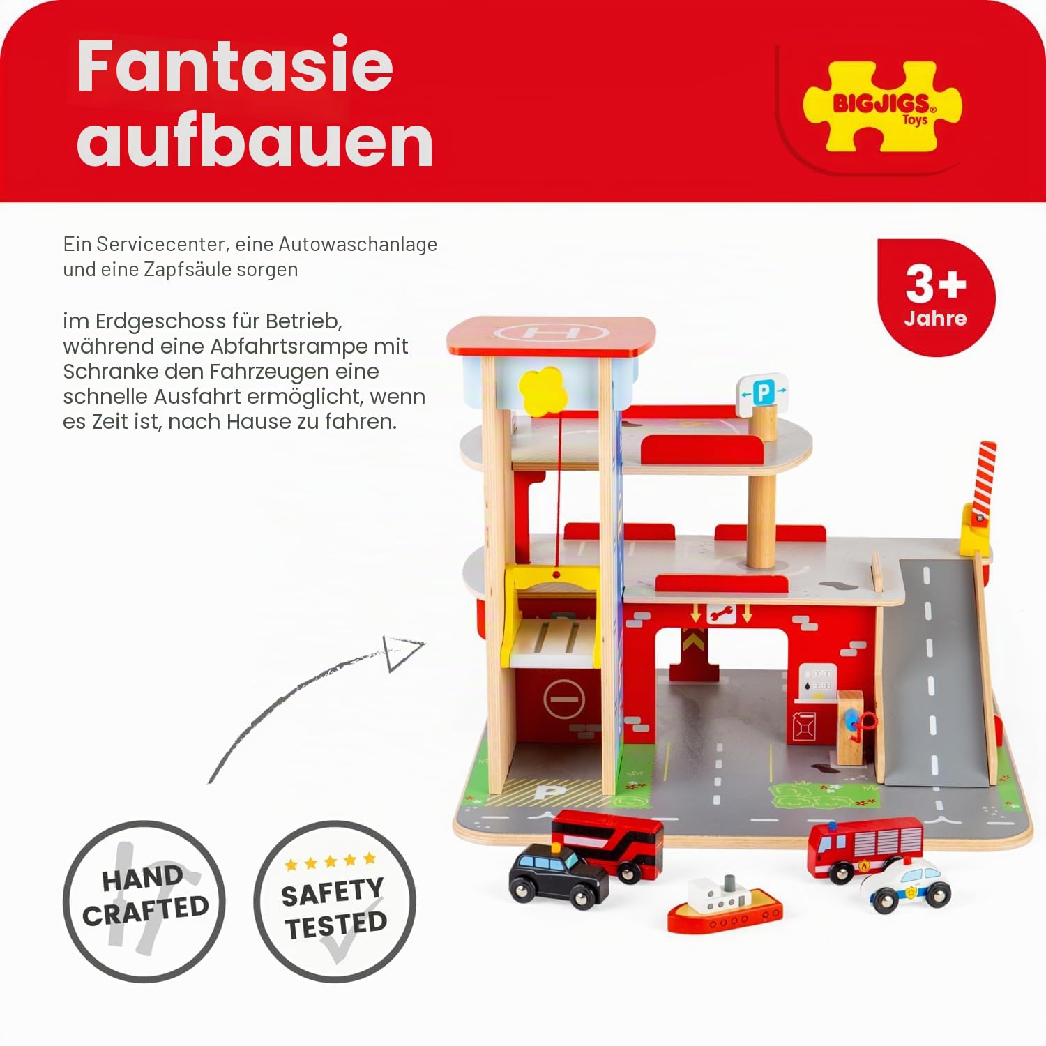 Bigjigs Park & Play Garage-Spielzeug, Holz-Servicezentrum mit Aufzug & Autowaschanlage