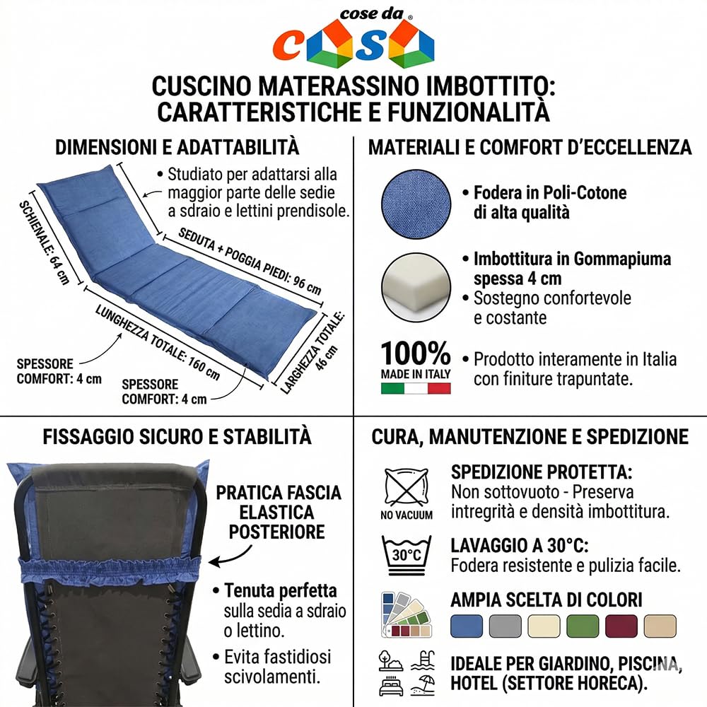 Cuscino Imbottito per Lettino Prendisole Sedie Sdraio 160x47x4cm Made in Italy in Poli-Cotone Materassino Trapuntato con Fascia Elastica per Giardino Piscina mare spiaggia (panna)