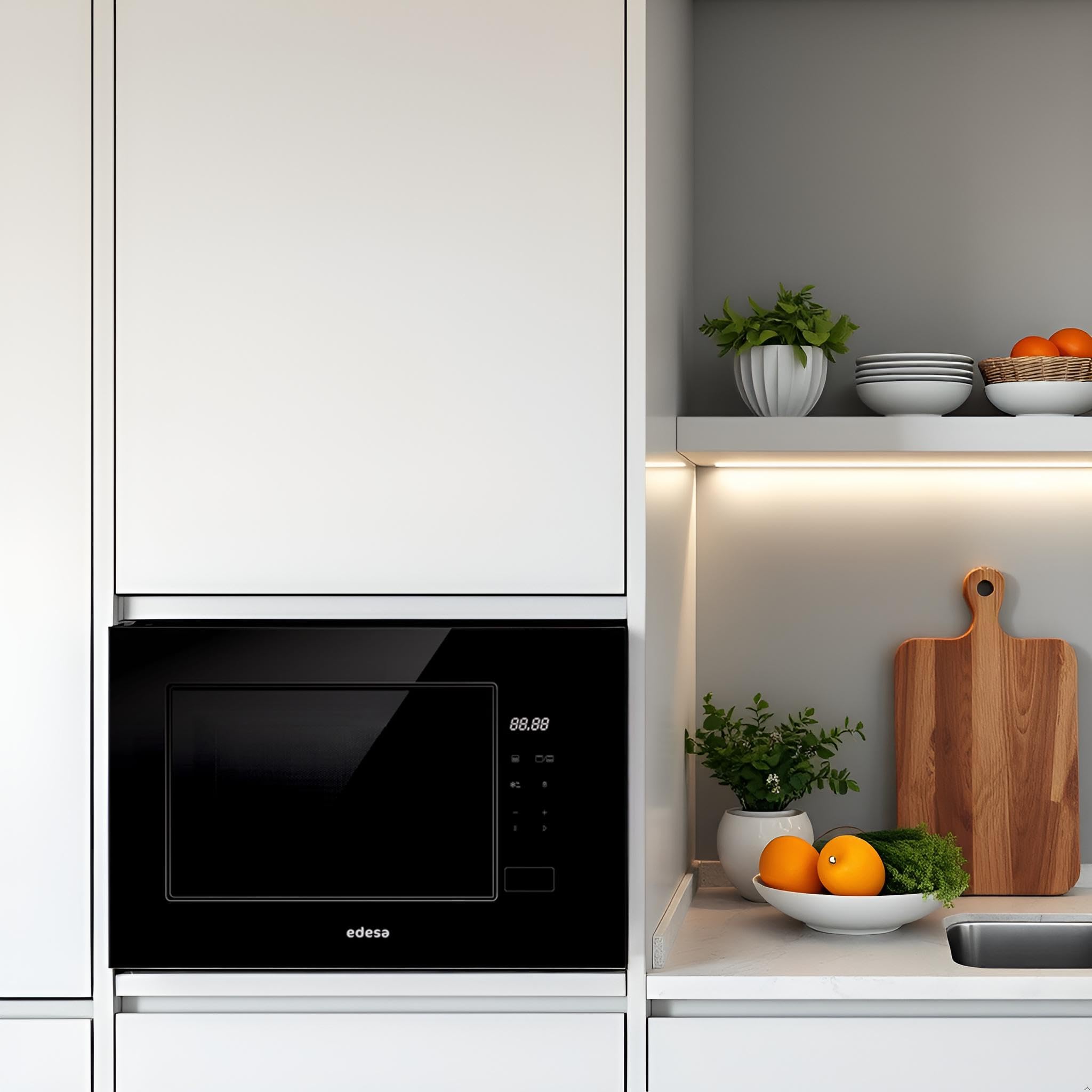 EDESA Microondas De Encastre EMW-2021-IG BK Sin Marco Gran Capacidad 20 Litros Potencia Grill 800W Descongelación 5 Funciones Botón Inicio Rápido Instalación Mueble Alto Acabado Negro