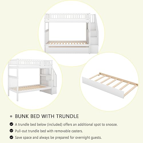 Miniatura 26 de Merax Litera de escalera individual sobre matrimonial con nido, escalera de almacenamiento y barandilla de longitud completa, litera de