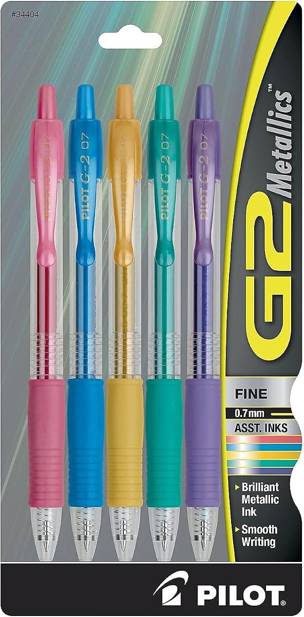 Bolígrafos de gel de colores PILOT G2 Metallics, 0.7 mm, tintas de colores variadas, paquete de 5