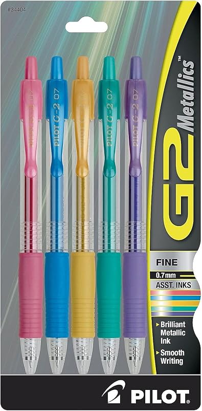 PILOT G2 Metallics Colored Gel Pens, 0.7mm, Assorted Color Inks, 5-Pack