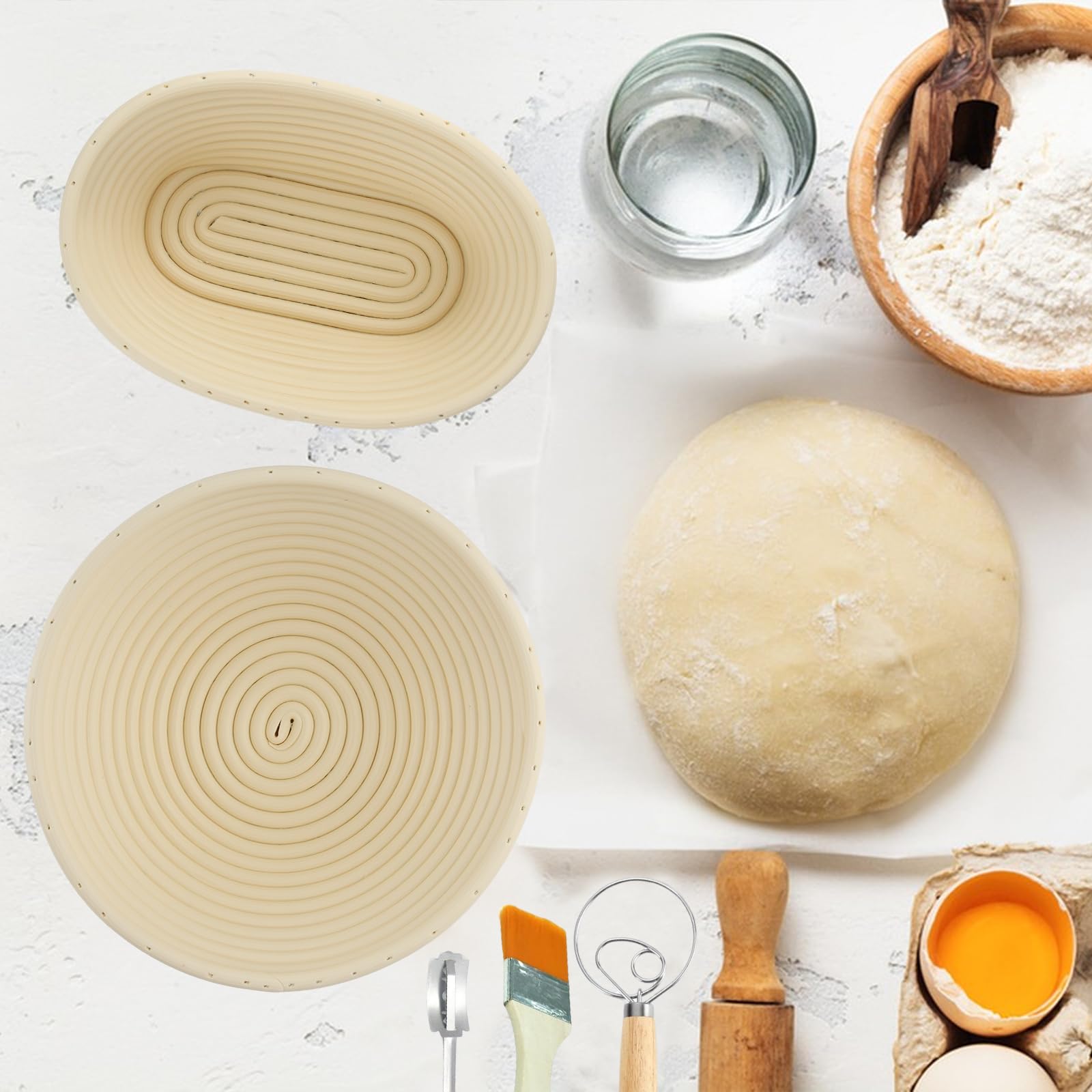 Set Di 2 Cestini Per Lievitazione Fai Da Te In Rattan Naturale Con Raschietto E Lama Inclusi - Regalo Perfetto Per Panettieri Amatoriali