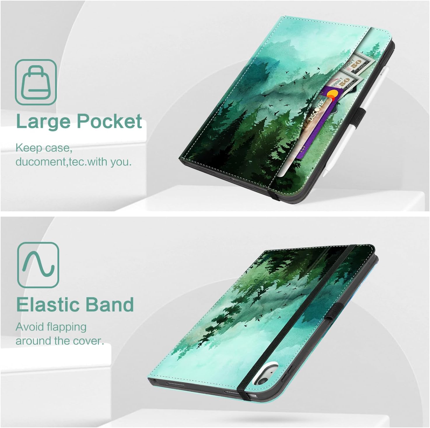 Lokigo Case for iPad (A16) 11th Generation 11 Inch 2025, for iPad 10th Generation 10.9 Inch 2022, Build with Pencil Holder/Hand Strap/Pocket, Shockproof 11th/10th Gen Stand Cover, Green Forest