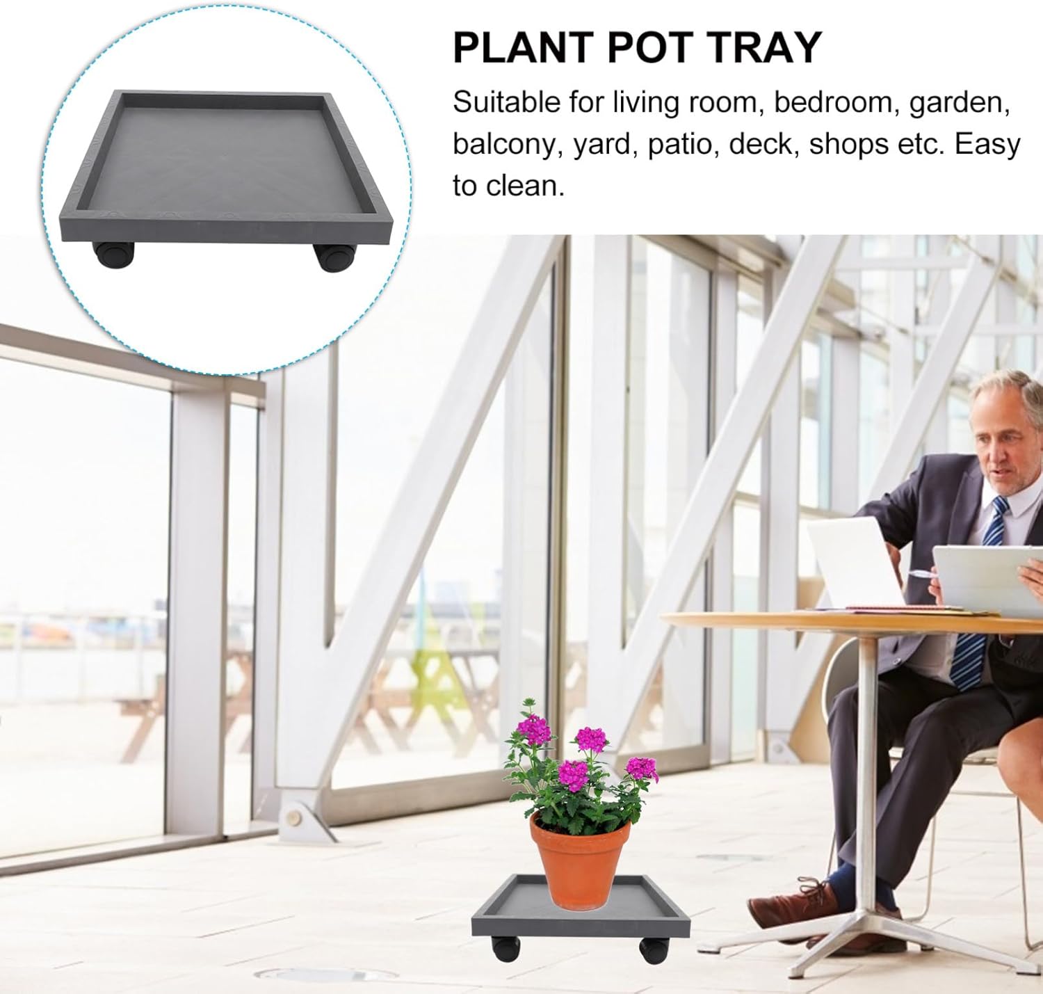 POPETPOP Flowerpot Base Tray on Wheels Moveable Planter Stand Plant Pot Stand with Planter Tray Grey