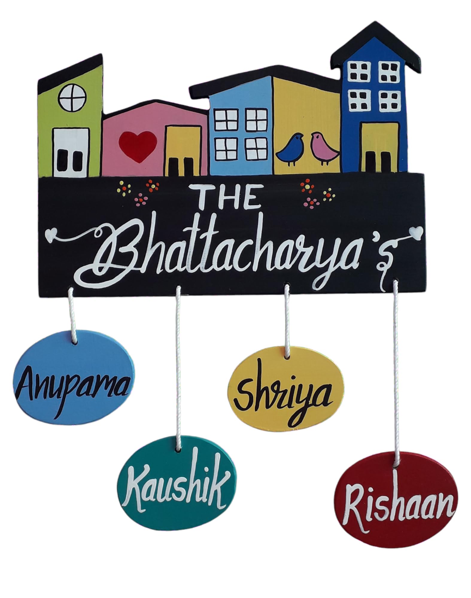ROSE GARDEN ART CUSTOMIZED Home Door Wooden Name Plate with HAND PRINTED Acrylic Paint Letters on 8mm ISI marked PLYWOOD. Size L 16 inch.x H22 Inch. (Multicolour 1 to 7 names can be hung in it) 2