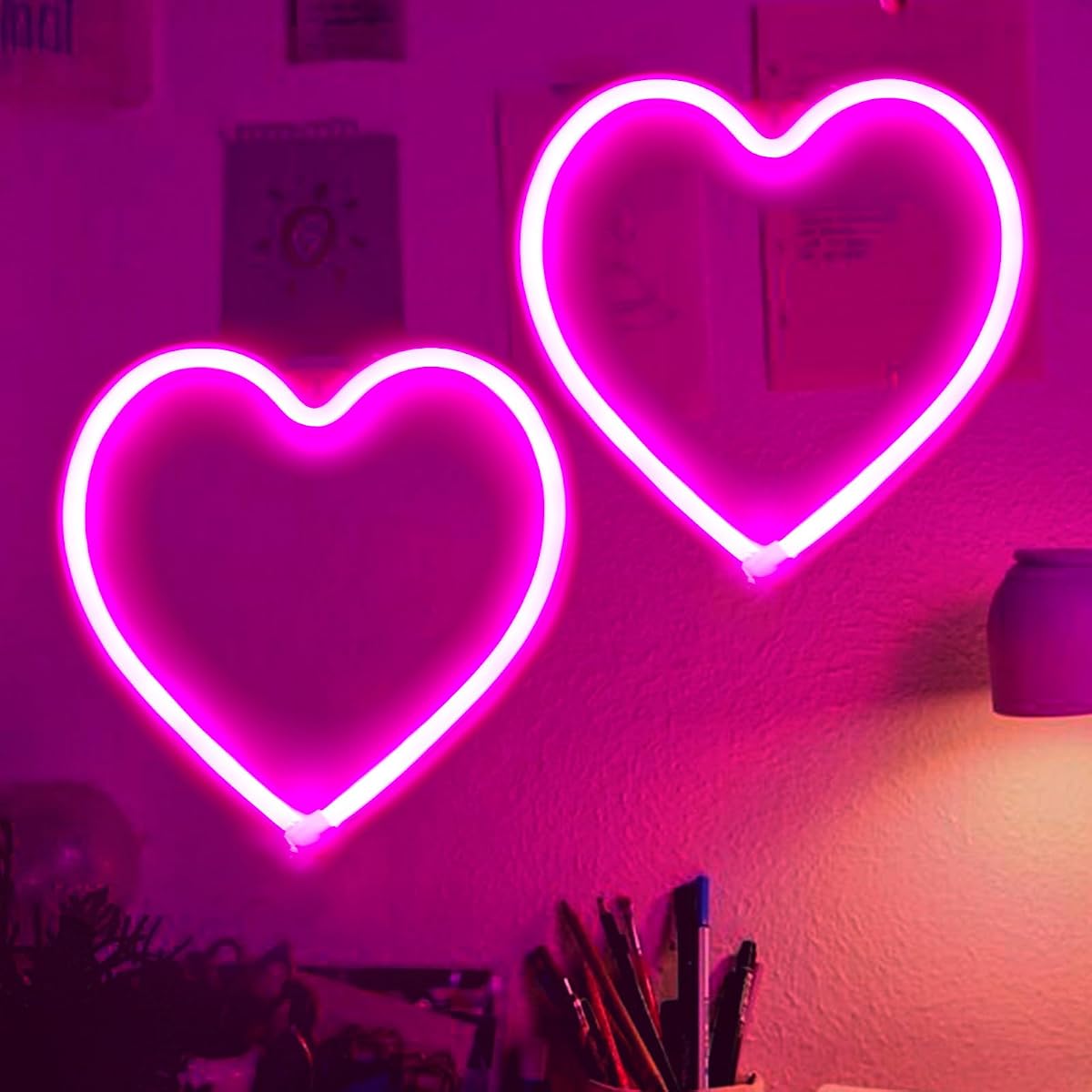 EXF 2-Pack Neon Heart Sign - Pink LED Wall Decoration Light, Battery Operated