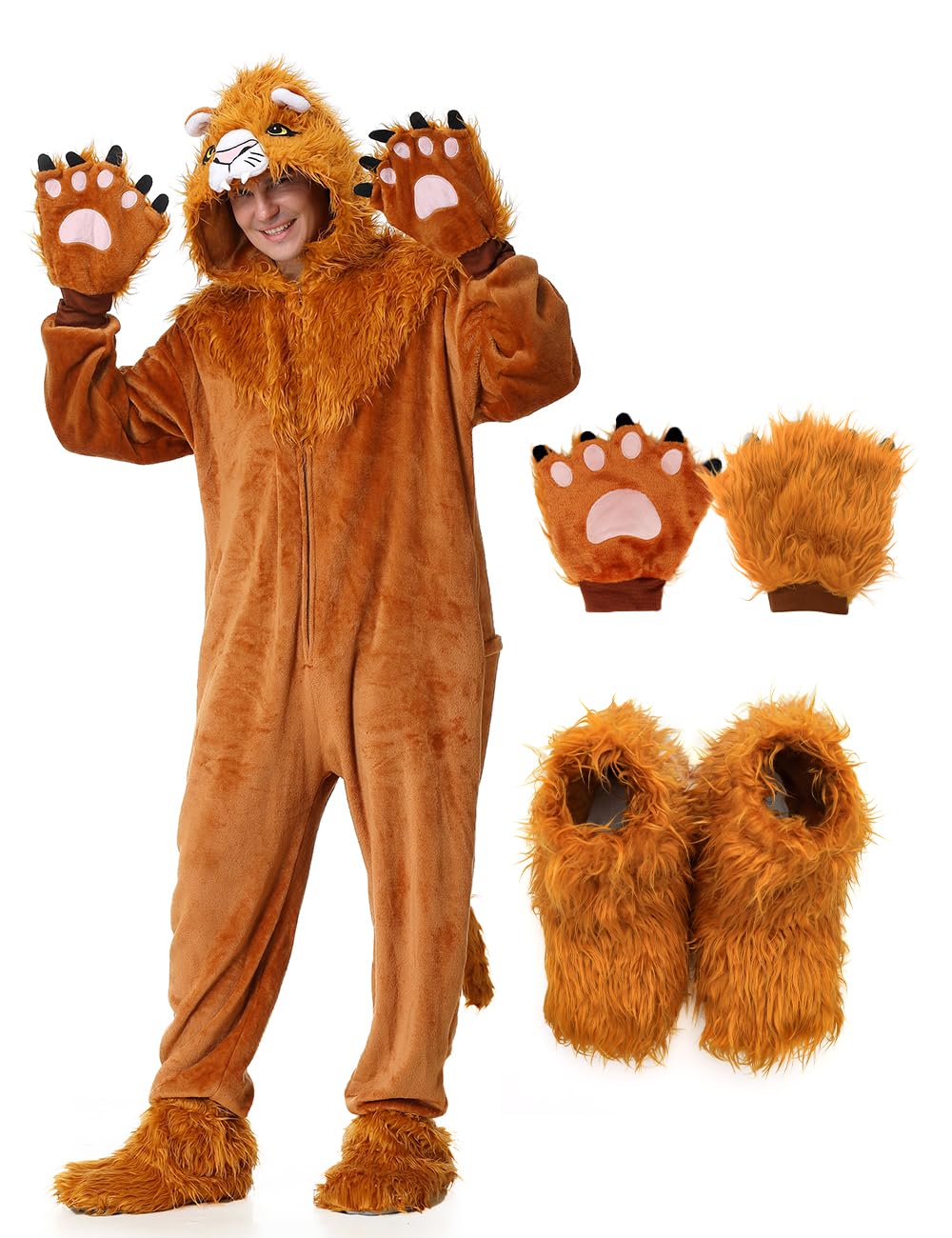 Costume de Lion Adulte Animal Onepiece Unisex Lion Pajamas Halloween Party Onesie Cosplay Dress Up Jumpsuit for Men Women