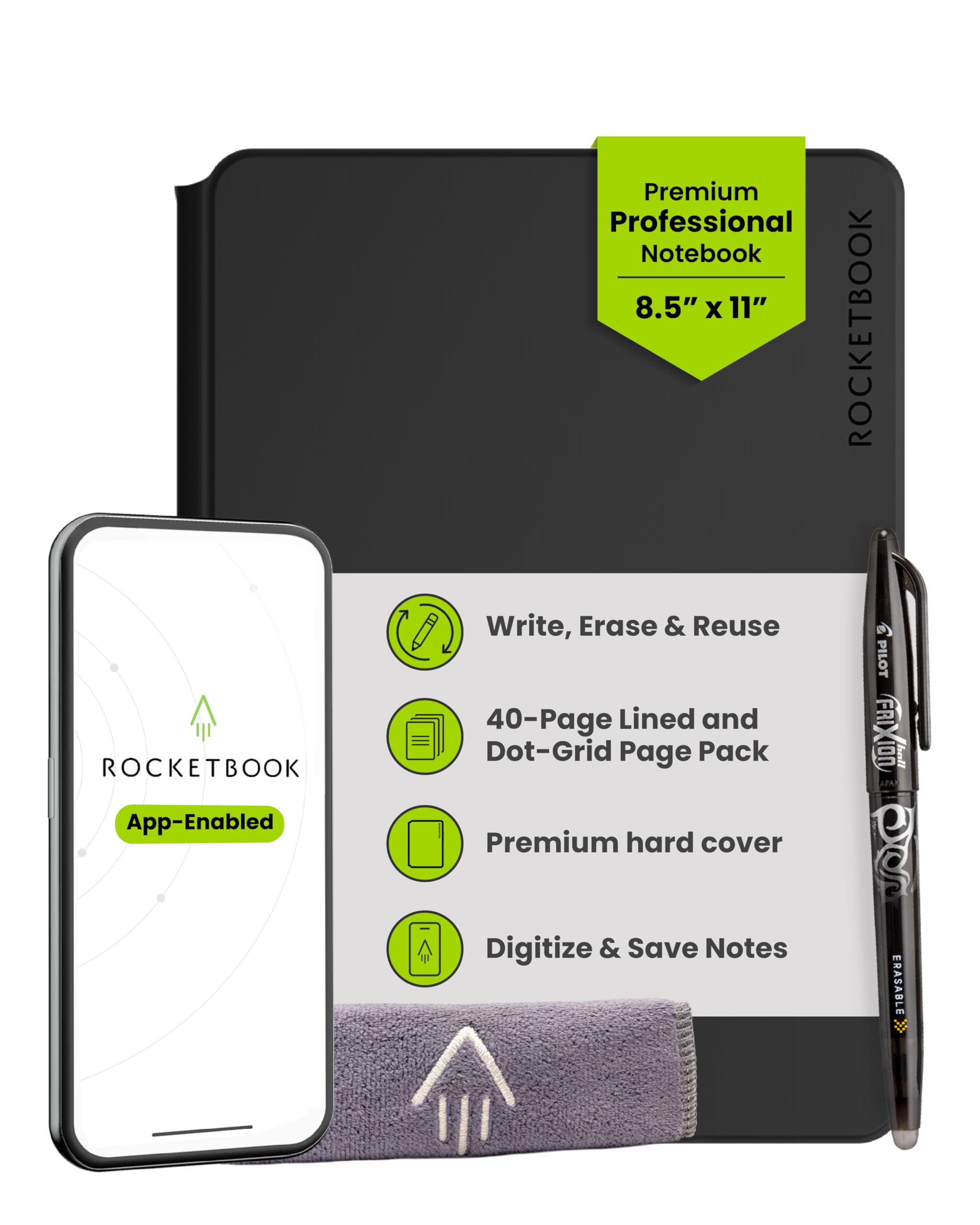 Rocketbook Pro 2.0 Reusable Digital Notebook - Smart Notepad - Black, with 20 Dotted & Lined Pages, Hardcover, with Pilot Frixion Pen & Microfiber Cloth, A4 Letter Size 8.5