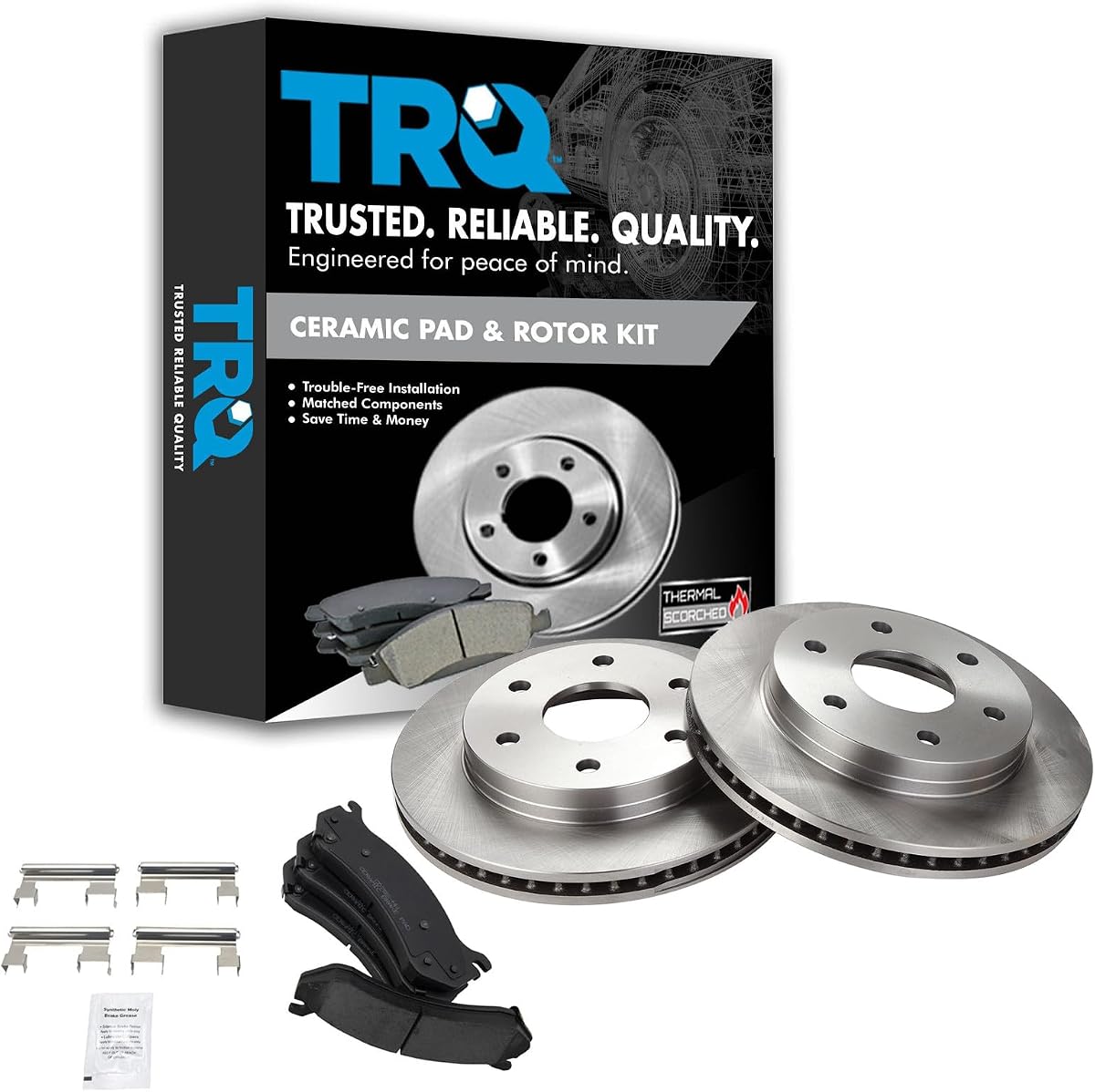 Kit de freno y rotor cerámico delantero TRQ | Para 99-06 Chevrolet Silverado 1500 GMC Sierra 1500 con pinzas flotantes 03-08 Express GMC Savana 02-06 Cadillac Escalade