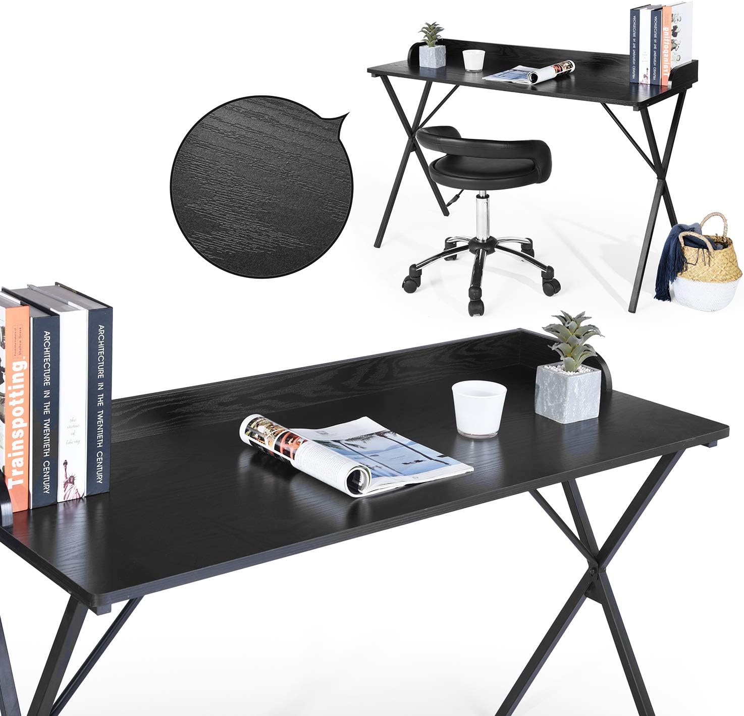 Computer Home Office, 47.2'' Study Writing Table Sturdy X-Frame with Large Wood Top, Easy Assembly Desk, Black