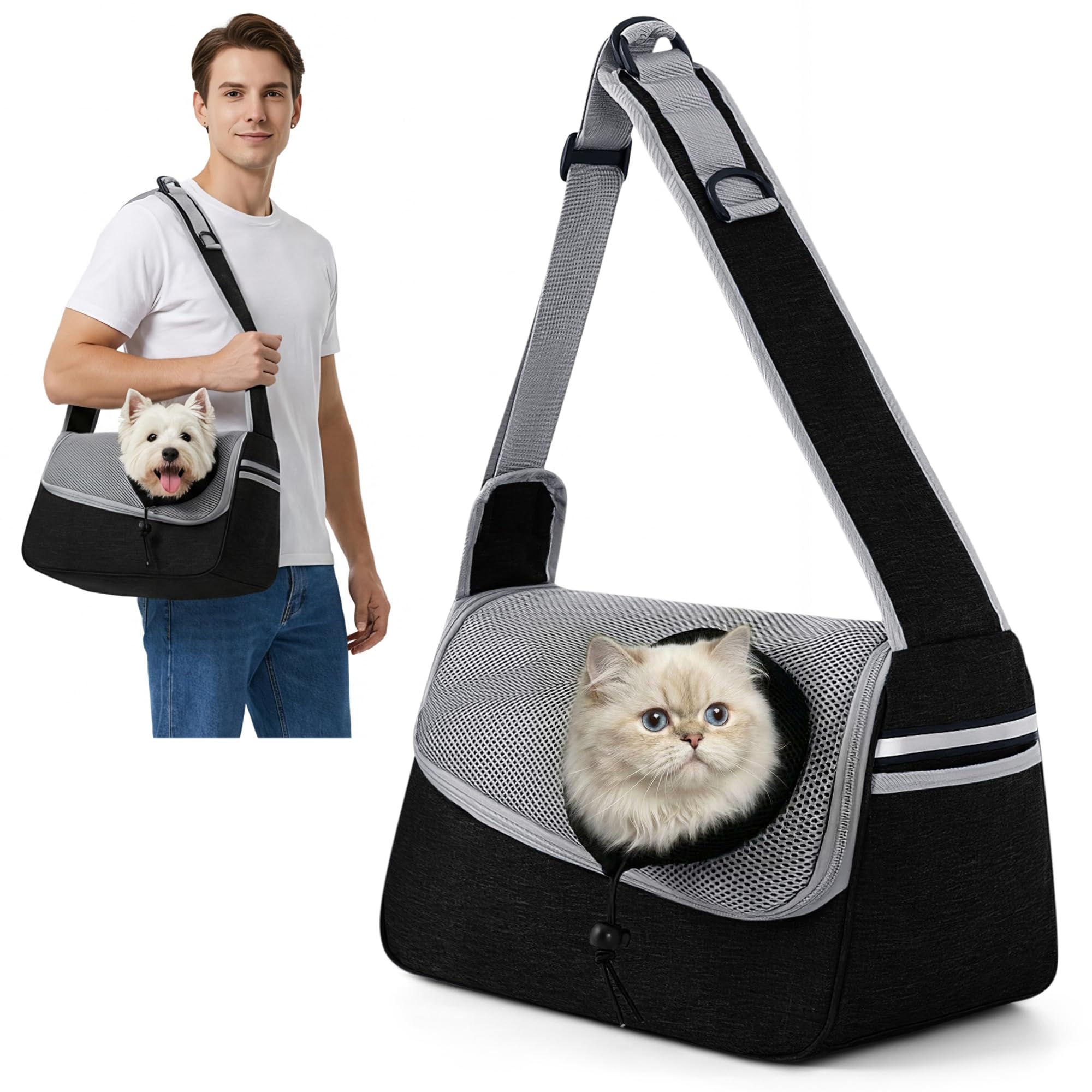 ALLSOPETS Borsa per Cani Piccoli e Gatti – Marsupio per Cani Traspirante per Cuccioli con Tracolla Regolabile e Tasca Laterale, Trasportino da Viaggio e Campeggio (Grigio Nero)