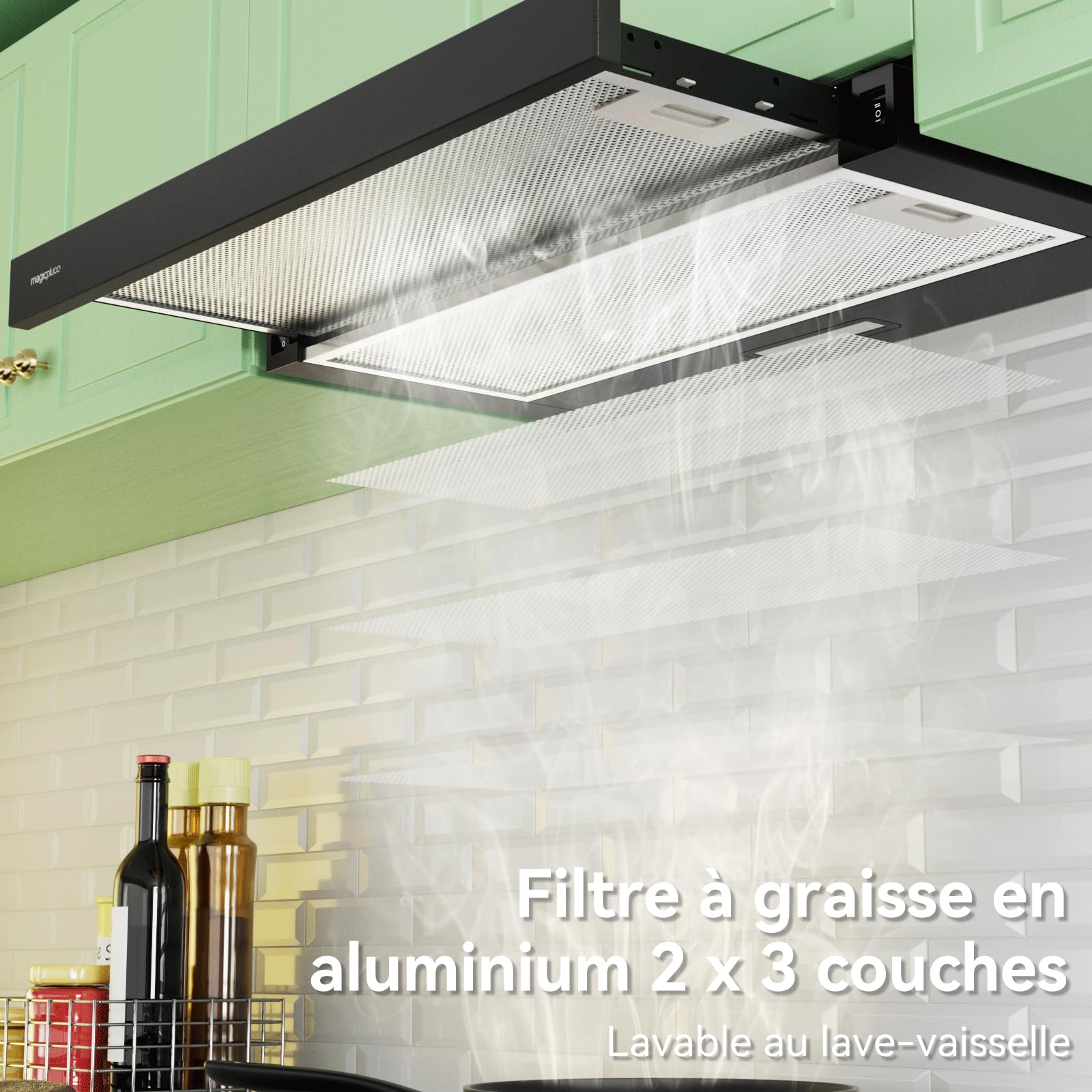magicplux Hotte aspirante Téléscopique 60 cm Noir – 370 m³/h, Classe A, Éclairage LED, 60/65 dB, Extraction & Recyclage, Filtre à Charbon Inclus | 2 Vitesses,Classe A, Éclairage LED, 60/65 dB, Extraction & Recyclage, Filtre à Charbon Inclus