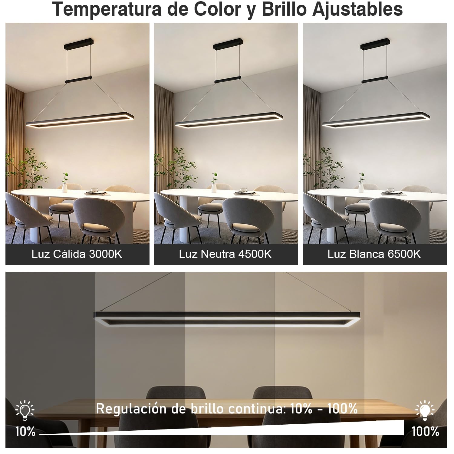 120CM LED Lámpara Colgante Mesa de Comedor, 52W Moderna Luz Colgante, Negro | Diseño Rectangular, Mando a Distancia y Memoria, Altura Regulable, Lámpara de Techo Colgante para Cocina, Comedor, Oficina