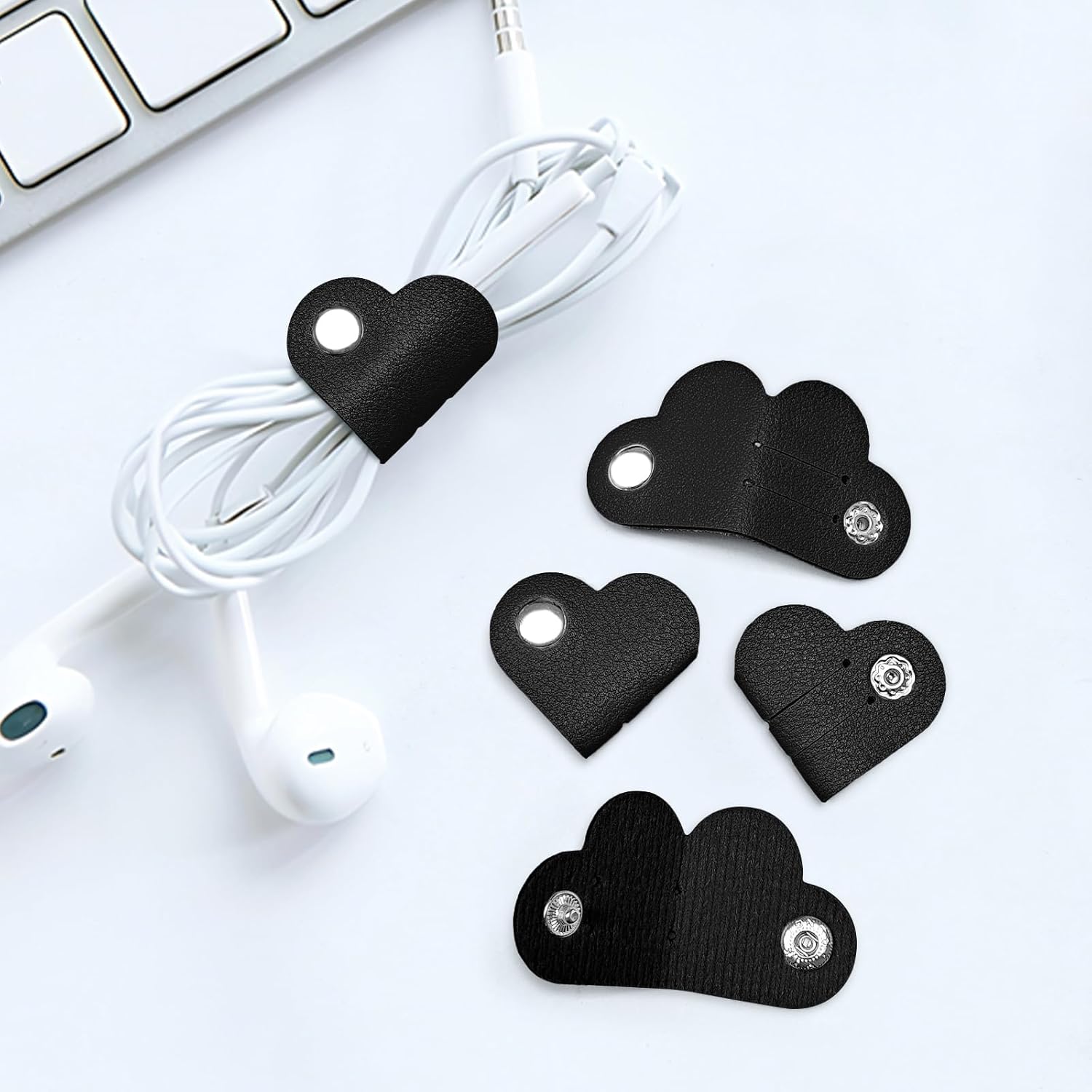 9Pcs Heart-Shaped Cable Organizer, Leather Headphone Cable tie, Wire Fixing Winding Device, Data Cable Storage Tool-Black