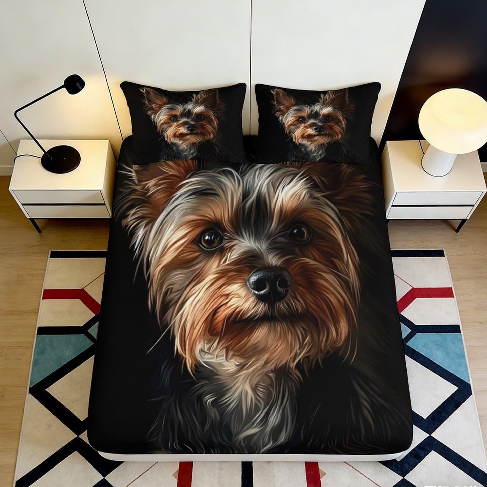 3D Printed Yorkshire Terrier Fitted Sheet Microfiber Soft Durable Black Dog Bed Cover Mattress Cover for Bedroom Dormitory Guest Room Protection 200x200x25cm