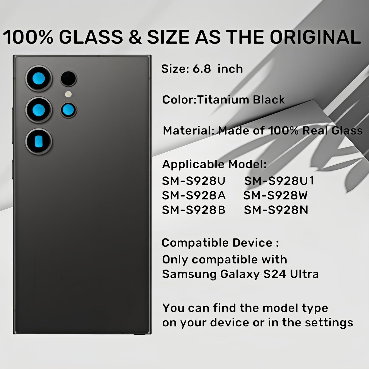 Galaxy S24 Ultra Back Glass Replacement for Samsung Galaxy S24 Ultra Rear Back Cover Glass Waterproof and Camera Lens+Professional Repair Tool Kit (Titanium Black)