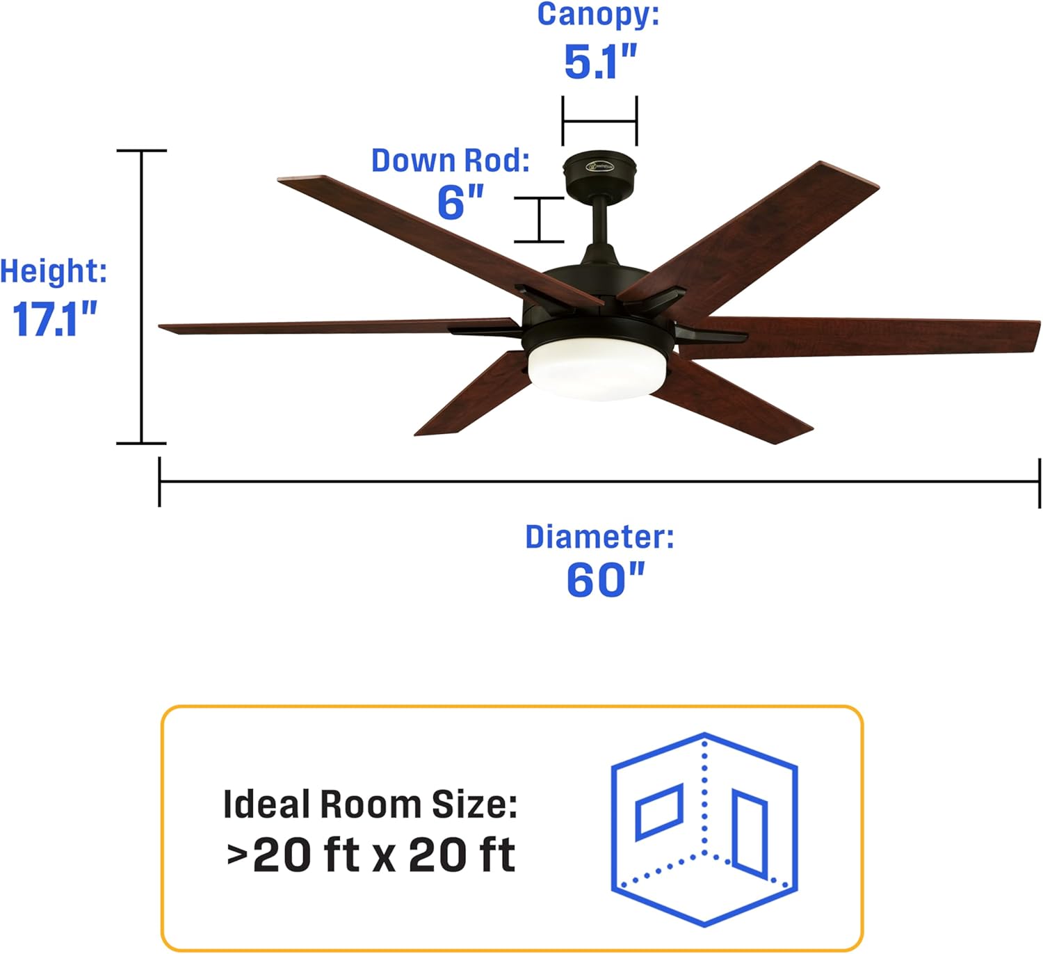Westinghouse 7207800 Cayuga 60-Inch Black-Bronze Indoor Ceiling Fan, Dimmable LED Light Kit with Opal Frosted Glass