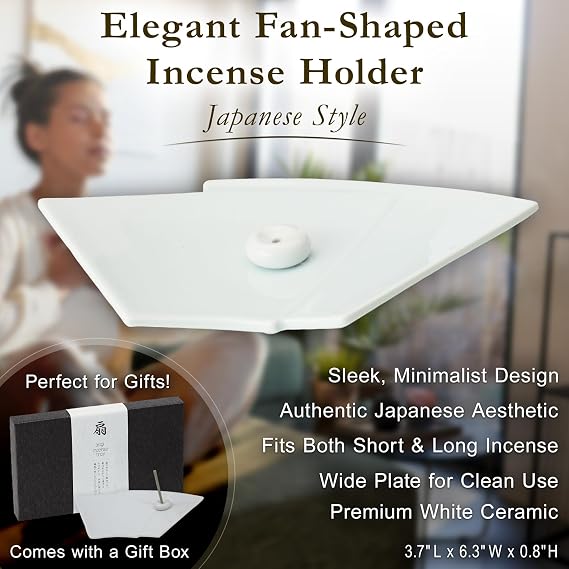 Hasegawa Japanese Fan-Shaped Incense Holder - White, Simple and Elegant Design, Suitable for Short and Long Incense Sticks, 3.66 x 6.30 x 0.79 Inches