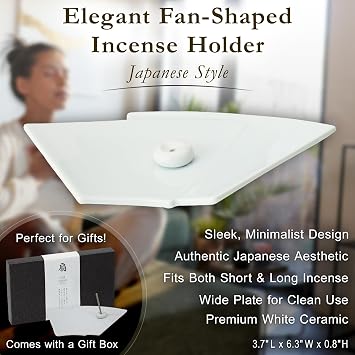 Hasegawa Japanese Fan-Shaped Incense Holder - White, Simple and Elegant Design, Suitable for Short and Long Incense Sticks, 3.66 x 6.30 x 0.79 Inches