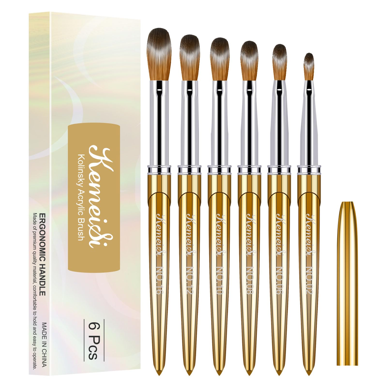 KEMEISI Acrylic Nail Brush Set - 6PCS Kolinsky Nail Art Brushes for Powder Application, Sturdy Handle Oval Shaped DIY Tools for Professional Manicure