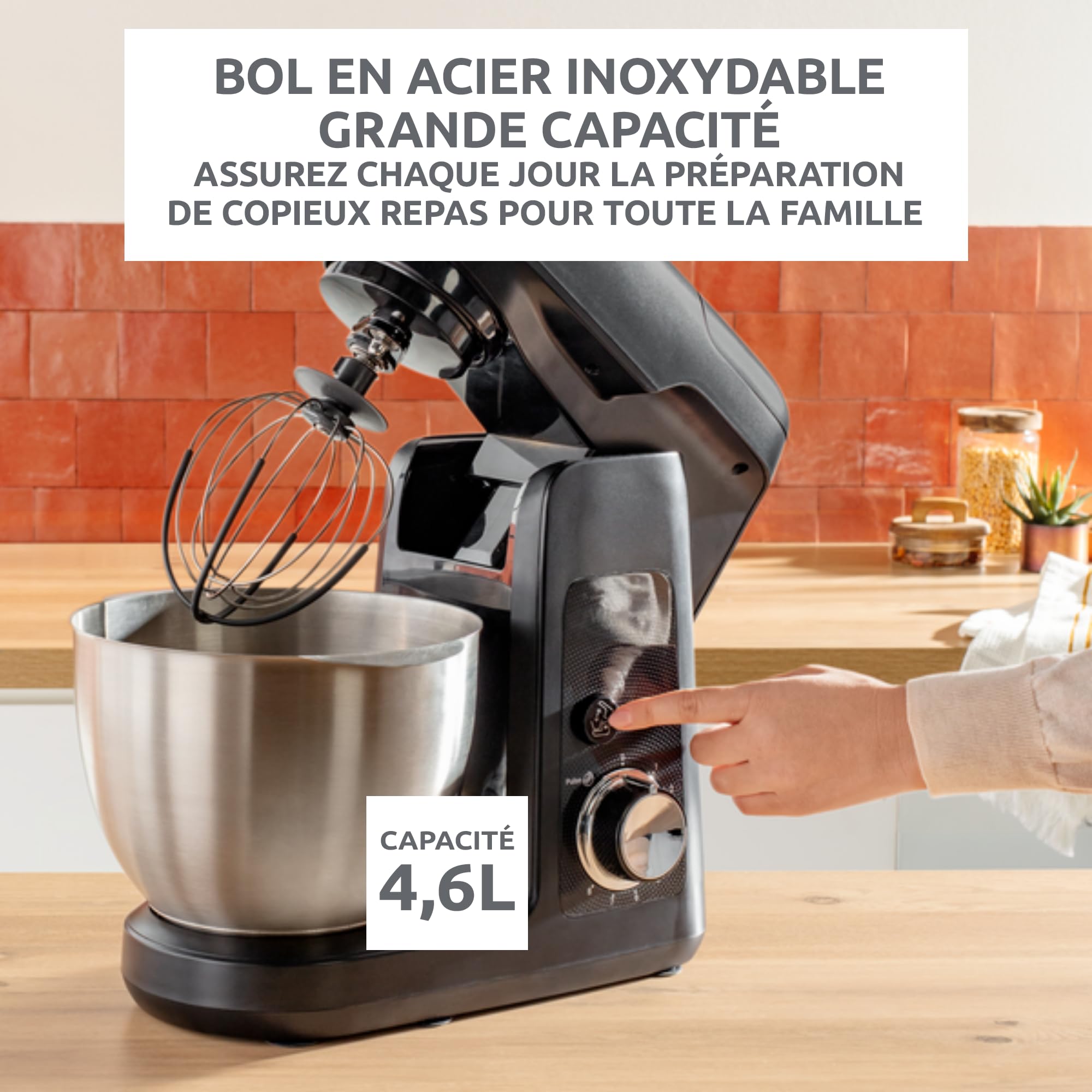 Moulinex Bake Partner, Robot pâtissier, Puissance 1100 W, Bol inox 4,6L, Batteur, Fouet, Pétrin, Blender, Découpe-légumes, Résultat homogène, Noir, QA522810