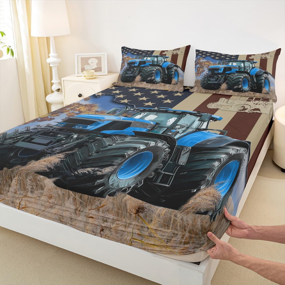 Drap-housse tracteur bleu grand bonnet pour matelas épais de lit enfant et adolescent