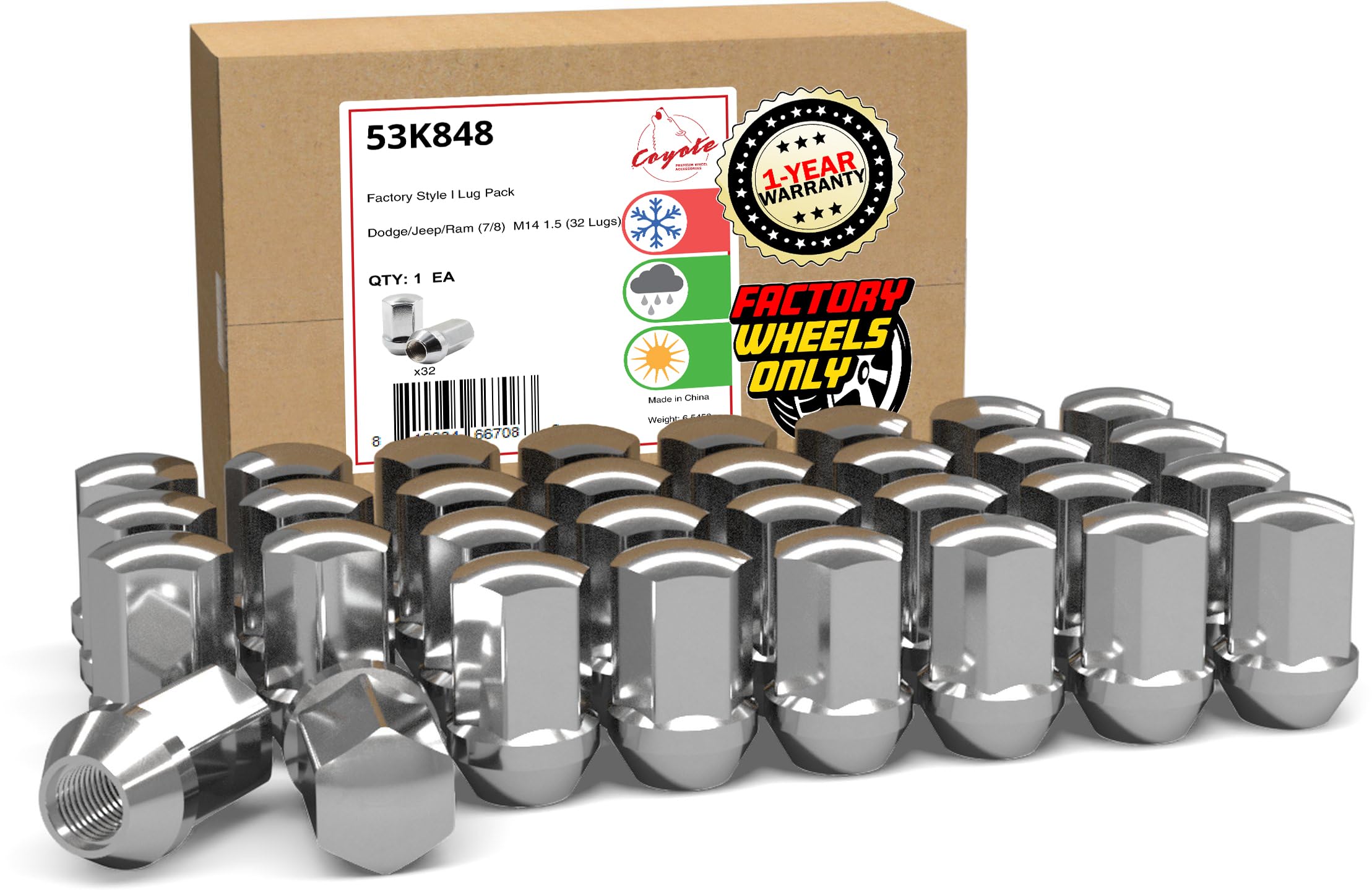 Wheel Accessories Parts 32 Pcs M14x1.5 14x1.5 Thread OEM Style Lug Nuts 1.65" Long Chrome 7/8" 22mm Hex Fits RAM 2500 ｜ 3500 6509422AA ｜ 611-330