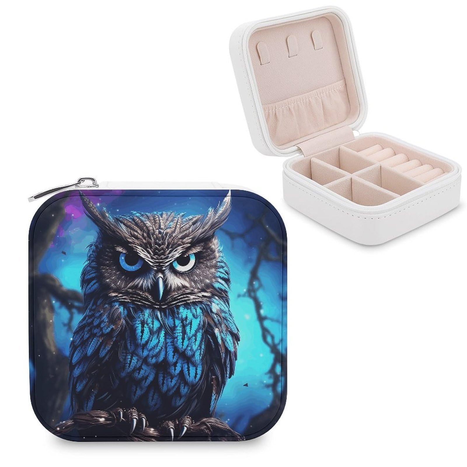 VstaDank Blue Owl Travel Jewelry Case Small Portable Jewellry Organizer Box PU Leather Organizer Boxes Personalized Jewellery Storage Holder Gift for Womens Rings Earrings