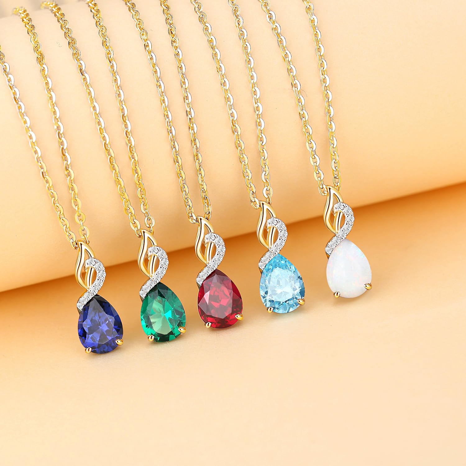 FANCIME Solide 14 Karat 585 Weiß Gold Tropfen Anhänger mit 925 Sterling Silber Kette Halskette mit Edelstein und Diamant Schmuck für Damen mit Geschenk Box - Kettenlänge: 40 + 5 cm