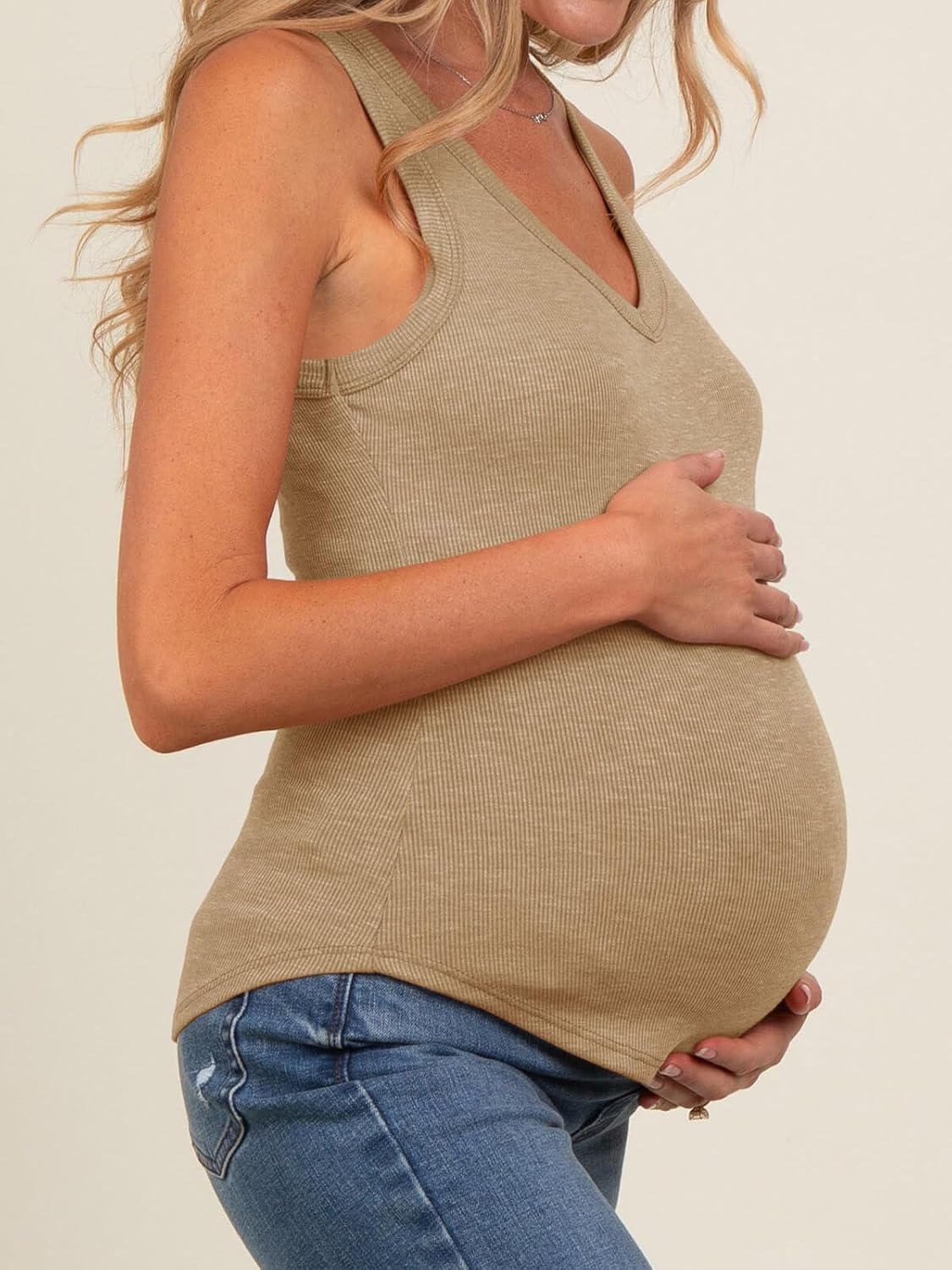 Tankaneo Womens Maternity Tank Tops Sleeveless V Neck Ribbed Knit Shirts Fitted Summer Casual Curved Hem Pregnancy Clothes - Image 4