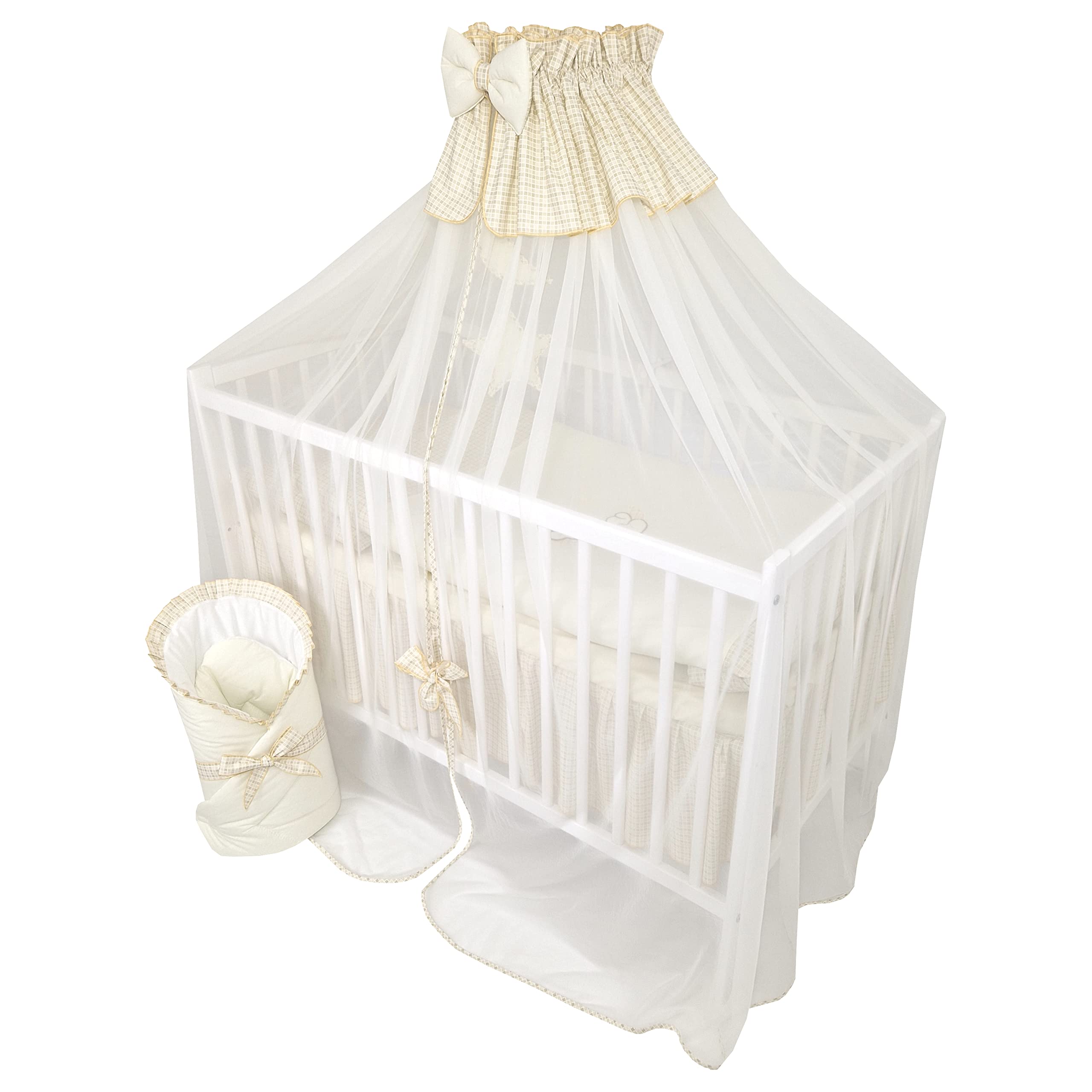 Juego Completo de Cuna y Ropa de Cama de 13 Piezas Happy Leo Incl. colchón Regulable en Altura para recién Nacidos y niños pequeños de Madera Maciza Bordada (Osito Luna Beige Claro)