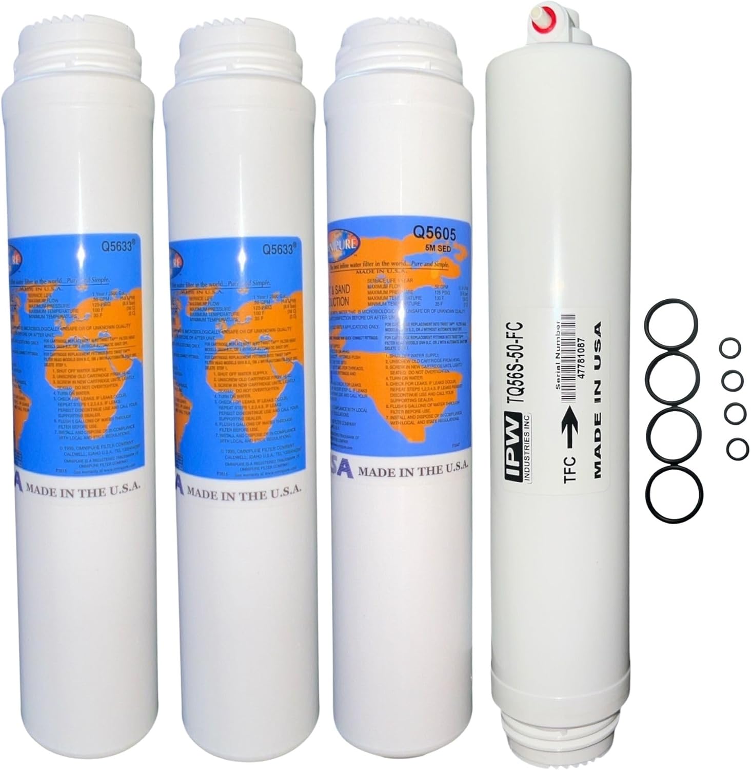 Omnipure Q5605, (2) Q5633, and Membrane Replacement Sediment Carbon Filter Cartridge Set w/ 50 GPD Membrane for Purotwist 4000 plus Small and Large Head O-Rings by IPW Industries Inc.