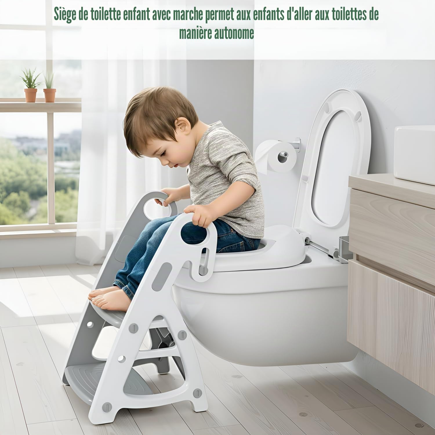 Siège de toilette pour bébé 2 en 1, avec escalier, structure triangulaire stable, marchepied pliable, avec pédale et hauteur d'assise réglables, grande pédale et poignées, doublure en polyuréthane,