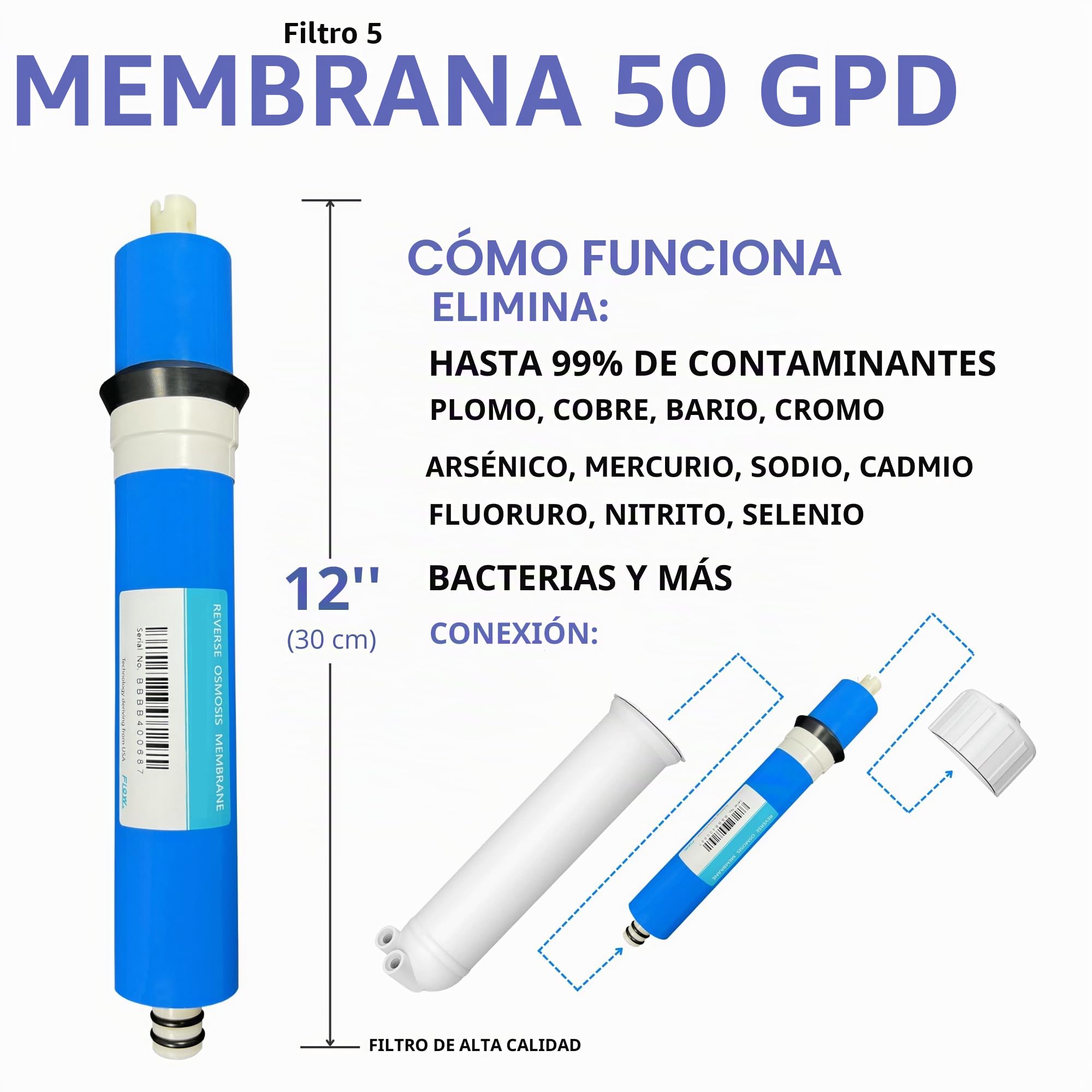 Depurtek | Kit Membrana Osmosis Inversa 50GPD y Filtros | Alta Rendimiento Compatibilidad HIDROBOX HIDROSALUD | HIdrotek NT02 N02T | Incluye Codos Rosca Rollo de Teflon, 4 Unidades, Carbono
