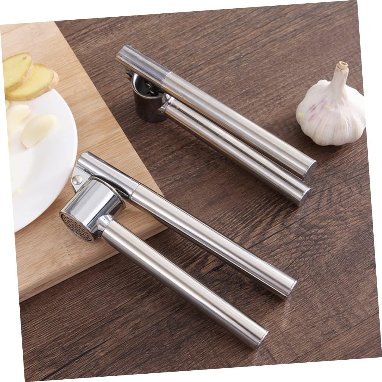 KICHOUSE Stainless Steel Garlic Mincer with Long Handle Manual Garlic Press for Easy Crushing and Slicing Compact Design for Kitchen Use for Home Chefs and Food Lovers