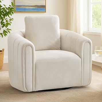 Bonzy Home 360 Swivel Accent Chair,Premium Velvet Round Barrel Chair with Throw Pillow, Comfy Upholstered Armchair for Living Room Bedroom, Beige