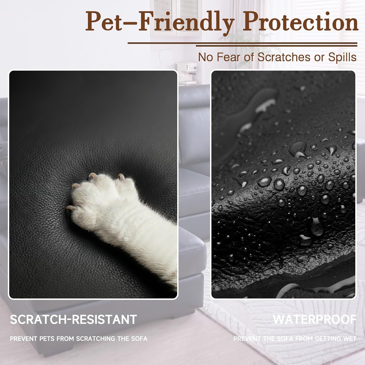PU Leather T Cushion Couch Covers Waterproof Couch Cushion Slipcover Non-Slip T Sofa Seat Covers Scratch-Resistant Sofa Cover for Pets & Kids (Black, 3 Cushion Sofa)