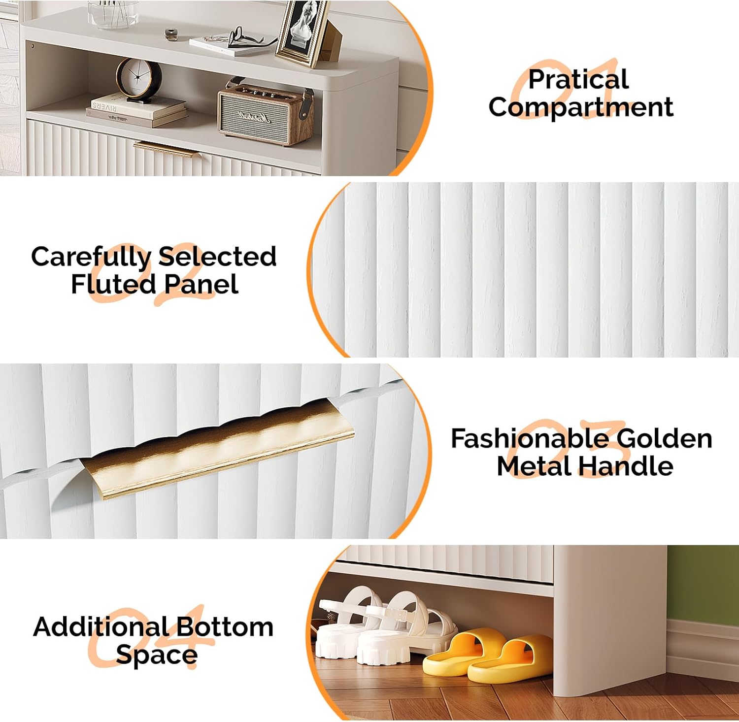 VINGLI White Slim Shoe Cabinet with Curved Edges, Modern Hidden Shoe Storage Organizer with 2 Flip Drawers & Open Shelf, Narrow White Shoe Cupboard with Fluted Panel & Anti-Tip Kit, 32.7" W