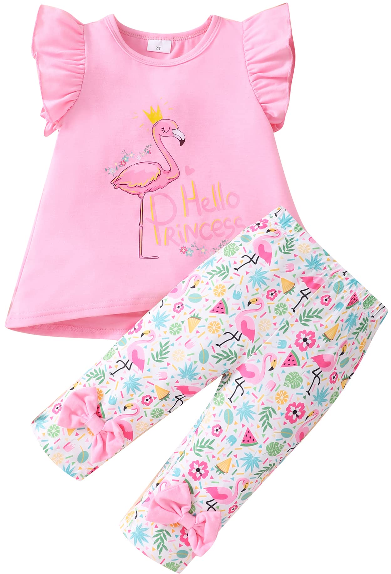 Popshion Little Girls 2 Piece Summer Outfits Flutter Sleeve T-Shirt and Cropped Capri Leggings Kids Clothes Short Sets 2-8t