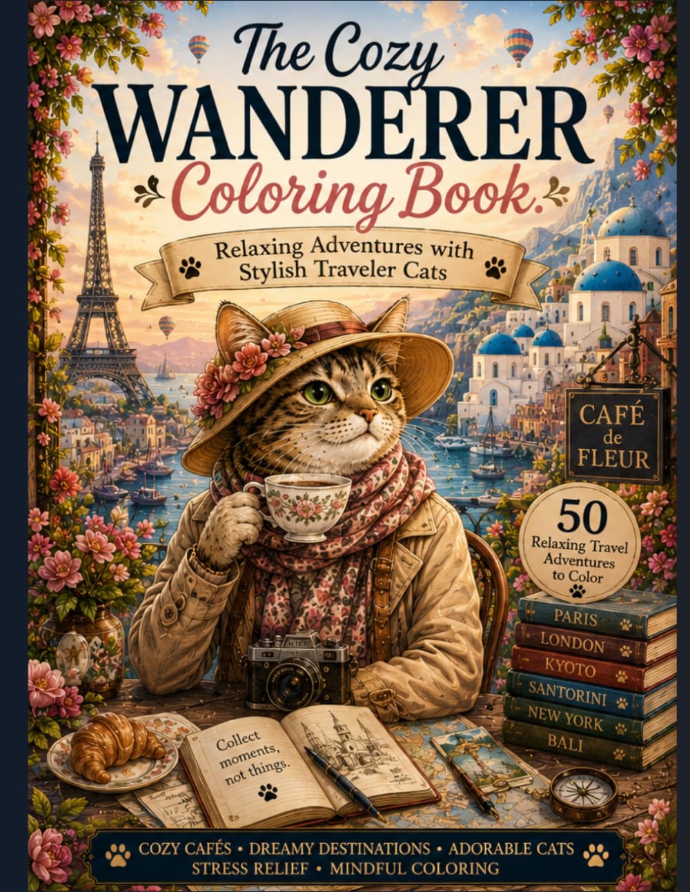 The Cozy Wanderer Coloring Book: Relaxing Adventures with Stylish Traveler Cats