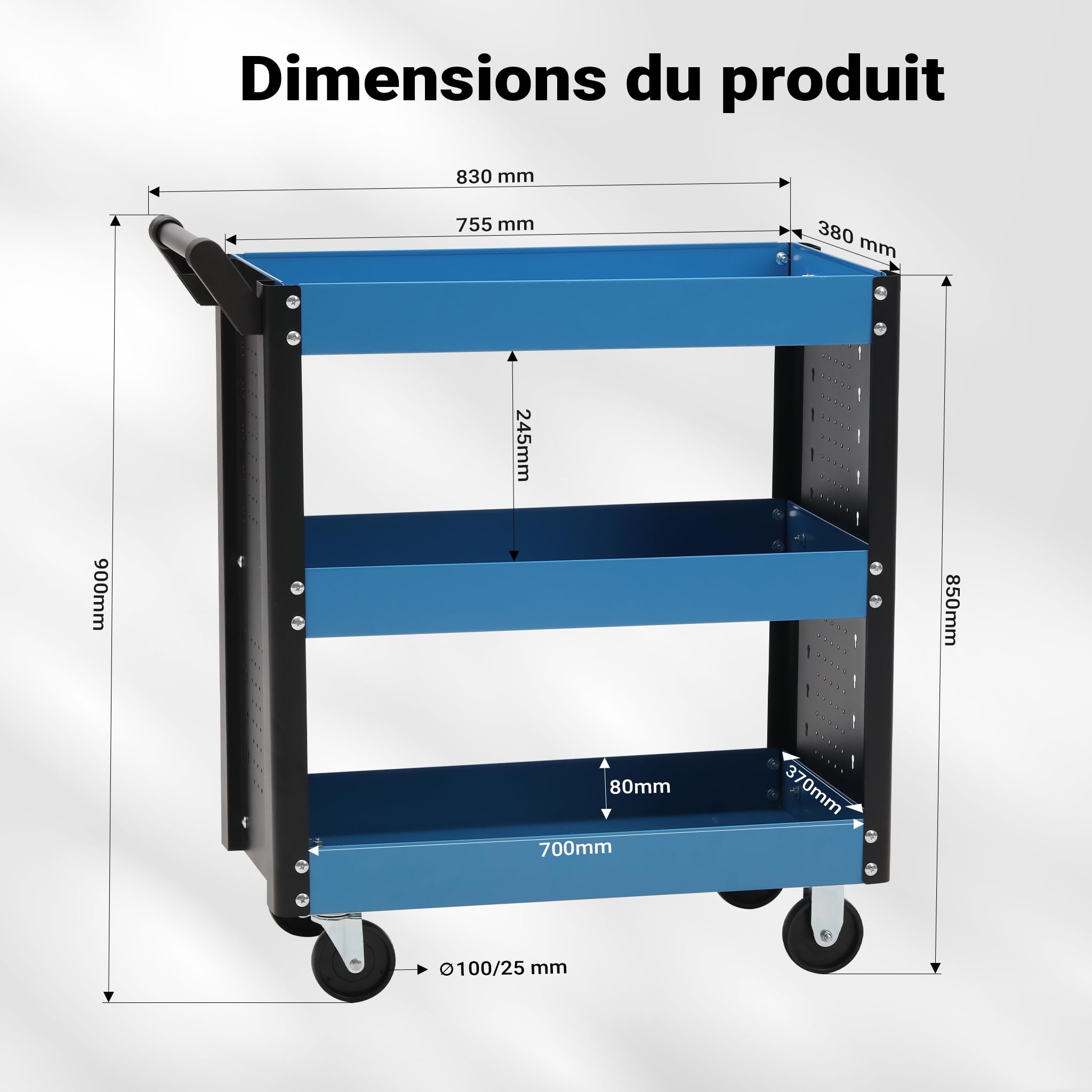 Servante d‘Atelier 3 Niveaux Poignée Roues Plastique Frein Étagère Rangement Bord surélevé Chariot