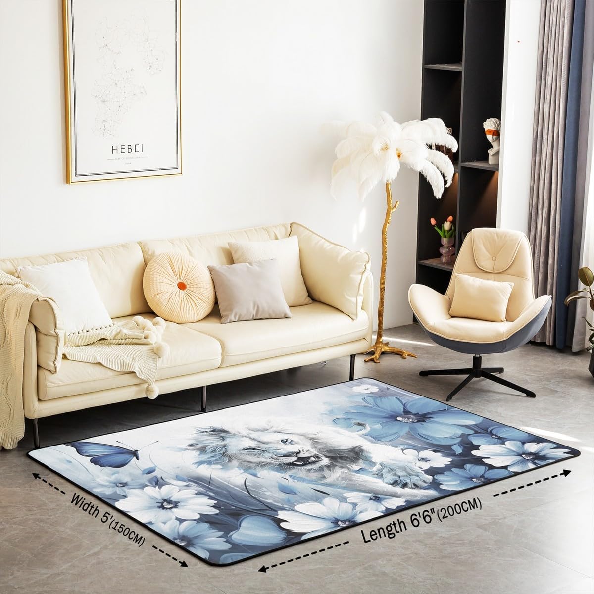 Erosebridal Lion Area Rug 5x7, 3D Wildlife Printed Carpet for Bedroom Living Room, Safari Animals Butterflies Rectangular Indoor Floor Mat, White Blue Flowers Kids Boys Washable Decorative Rug