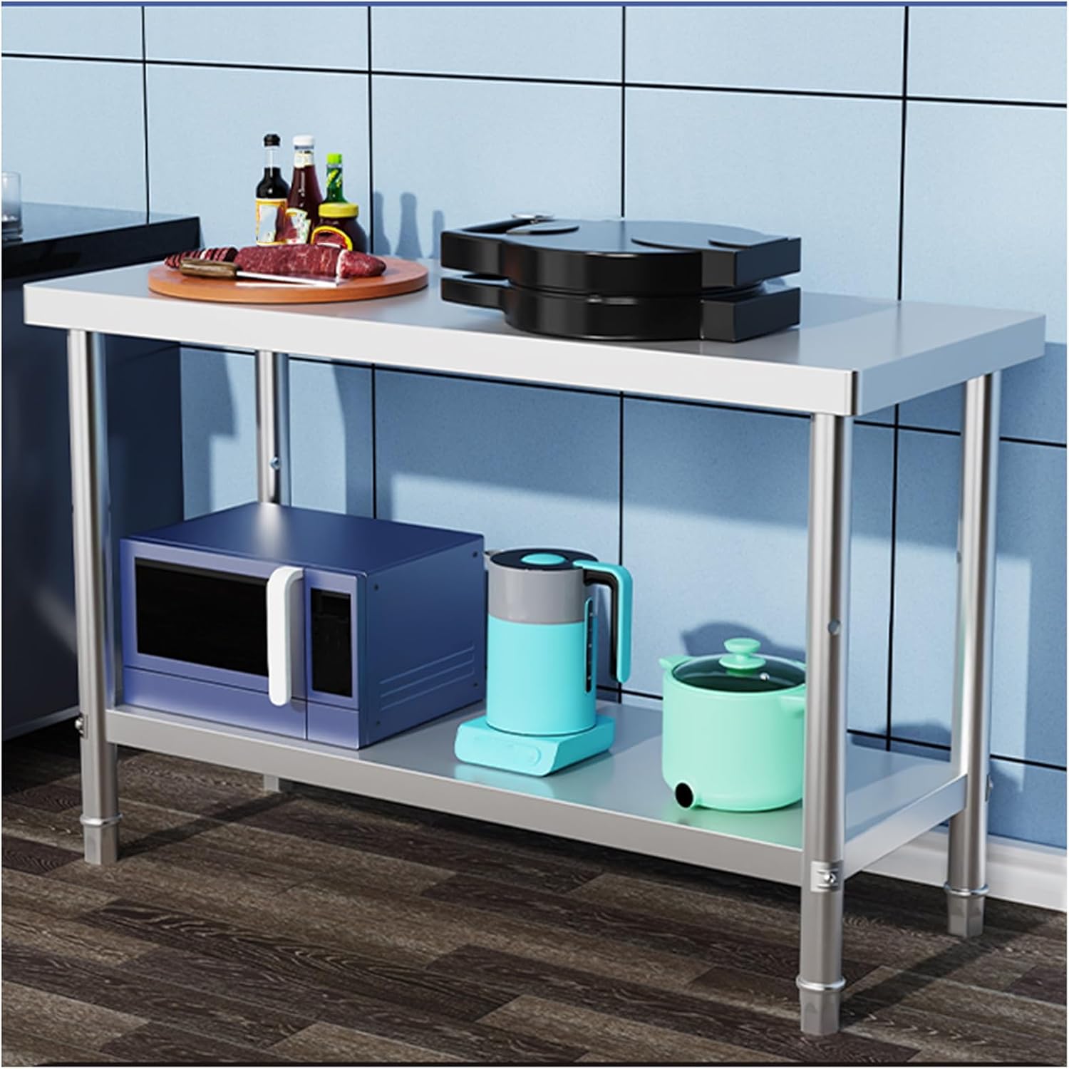 Double-Thickness Stainless Steel Work Table Height 31.5" Kitchen Workbench Rounded Corners Adjustable Feet 200kg Load Ability Multi-Purpose Storage Platform