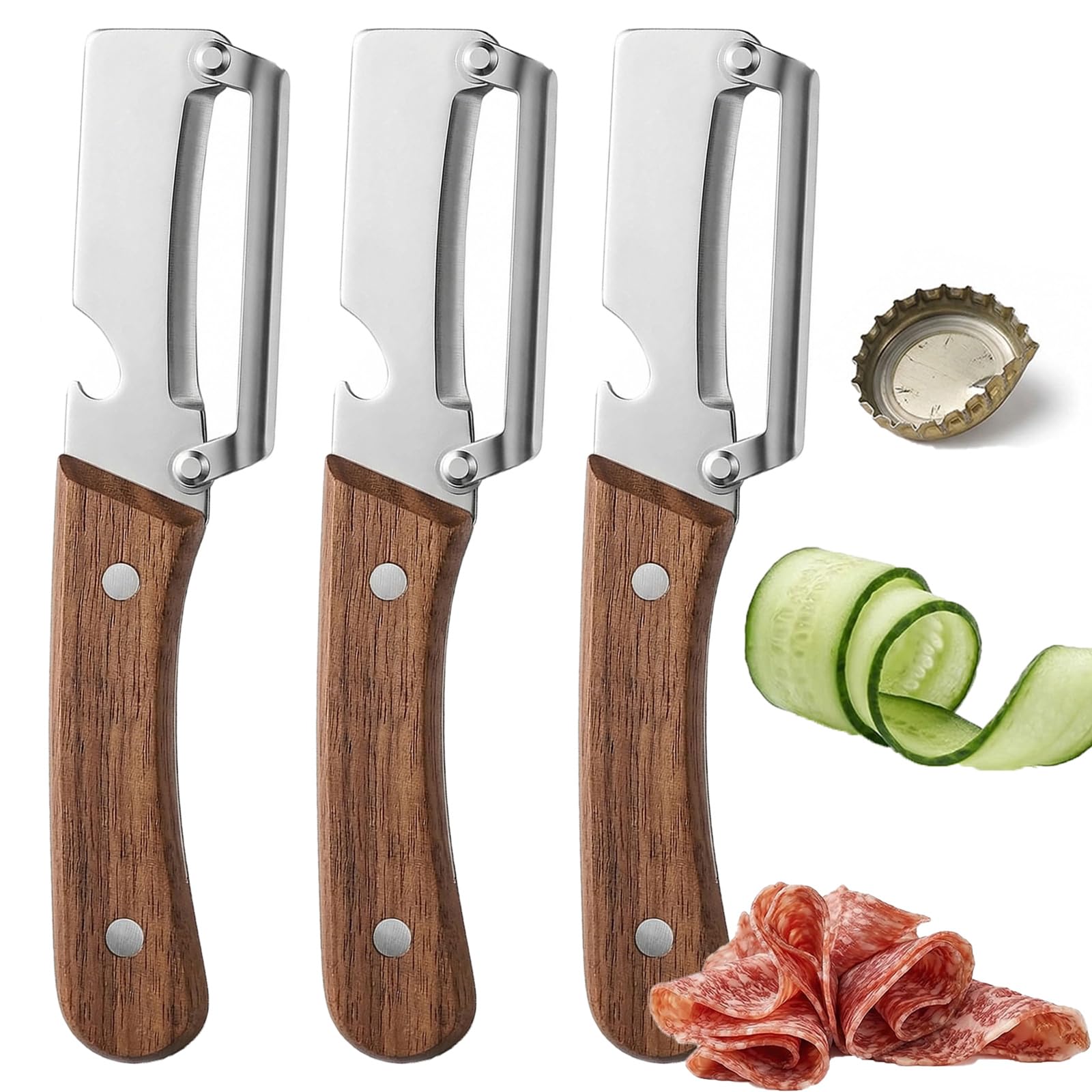 Pelador Multifuncional 3 en 1 con Mango de Madera Ergonómico, Pelador de Patatas y Frutas de Acero Inoxidable con Abrebotellas y Función de Cortador para Embutidos y Verduras - Zero Snag (2) — view 9
