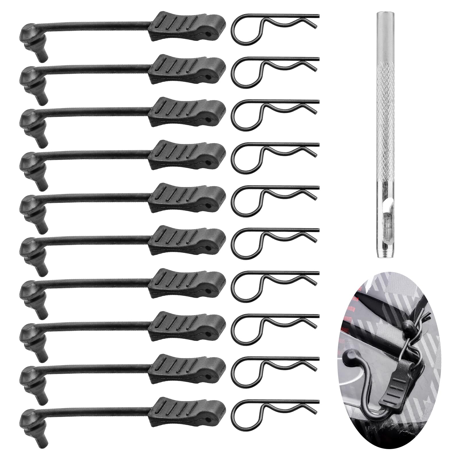 10PCS AllinRC RC Body Clips w/Pull Tabs & 4mm Hole Puncher for All 1/10 1/12 Scale Traxxas Arrma Redcat Axial Losi HSP HPI Kyosho RC Car Truck Crawler Body Shell Upgrades (1.2mm Rod Black)