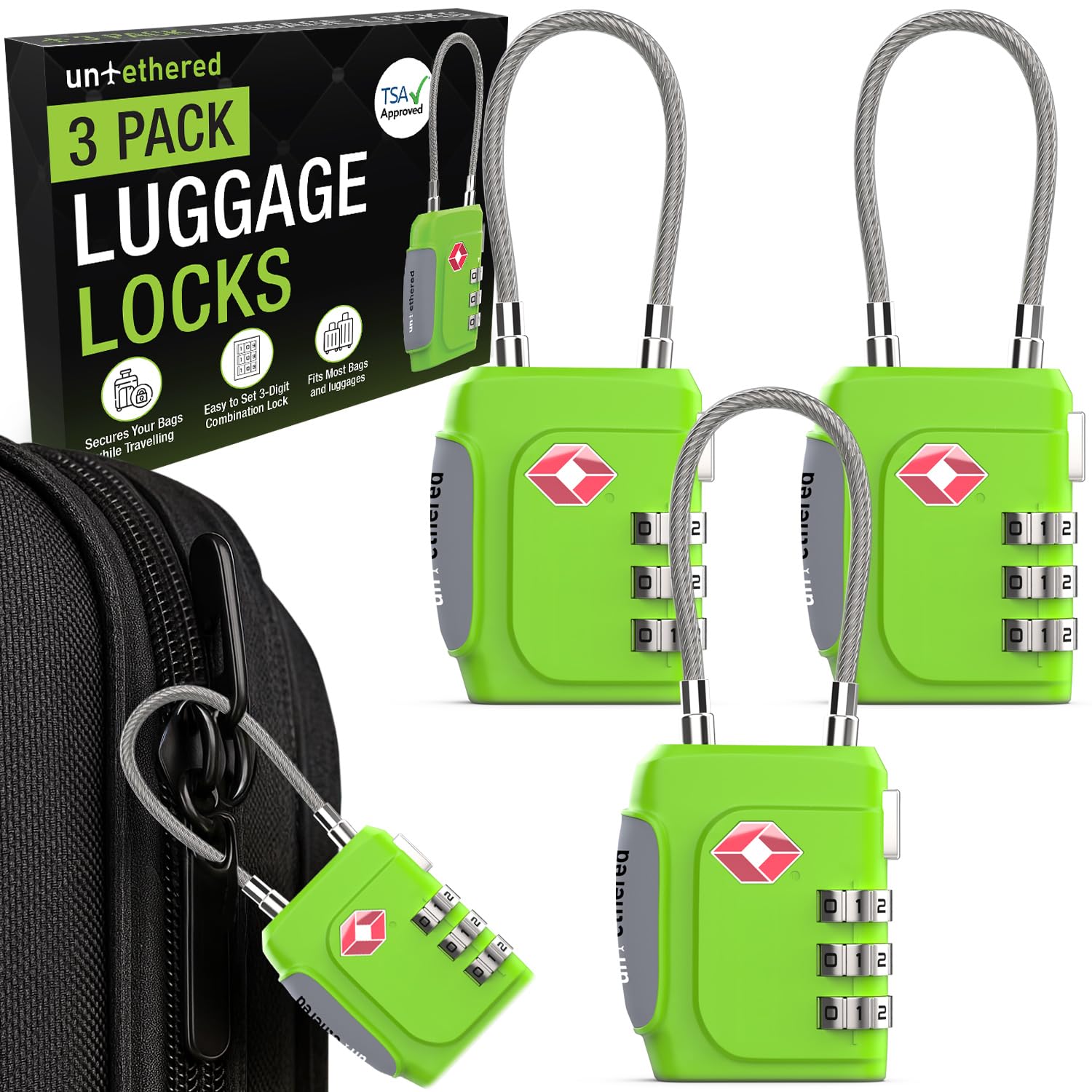 Untethered TSA Luggage Locks (3 Pack) – Resettable 3-Digit Combination TSA Approved Travel Padlocks for Suitcases, Backpacks, Gym Bags & Checked