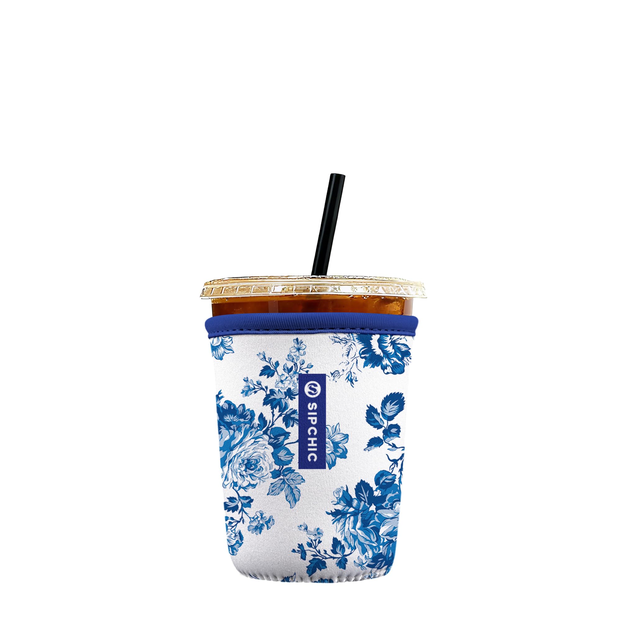 Iced Coffee Sleeve – Neoprene Reusable Cup Sleeves for Drinks, Insulated Drink Sleeves to Keep Hands Dry &amp; Drinks Cold, Stylish &amp; Durable Coffee Sleeves (Blue Porcelain Bloom, Small: 16-20oz)