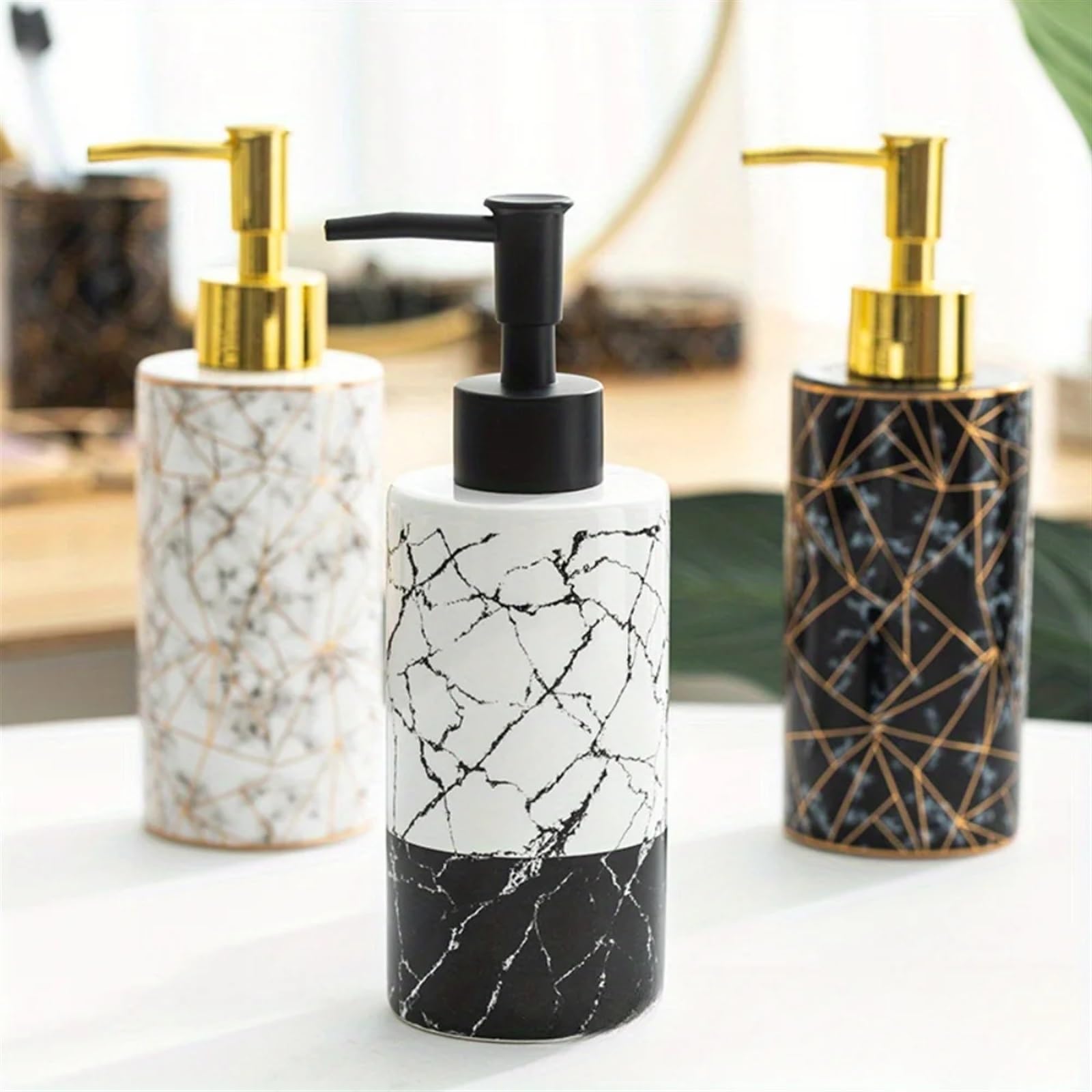 Seifenspender aus Keramik in Schwarz und Weiß, Marmor, Lotion- und Shampoo-Flasche für Badezimmer, Küche, stilvolles und modernes Wohnaccessoire