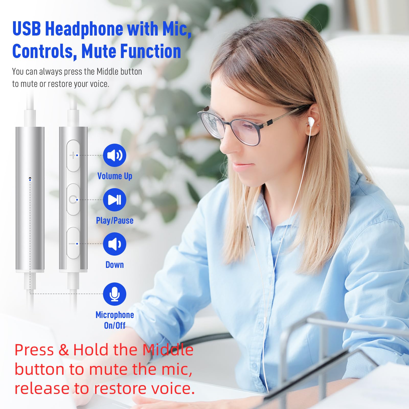 Auriculares USB para PC, portátil, magnéticos, de 7.5 pies, con cable, con control de micrófono, cable de aislamiento de ruido, auriculares para MacBook Pro, oficina, trabajo, escuela, zoom y 2